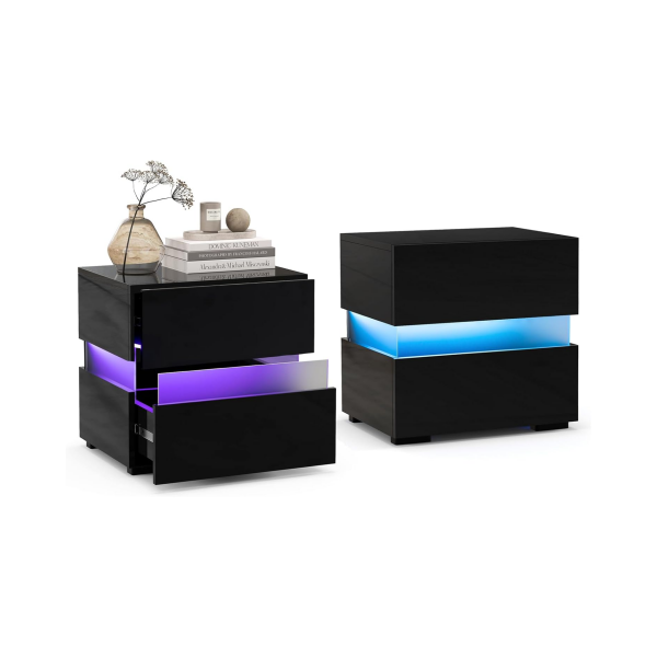 Öökappide komplekt 2 tk led-iga kõrgläikega öökapp kahe sahtliga must
