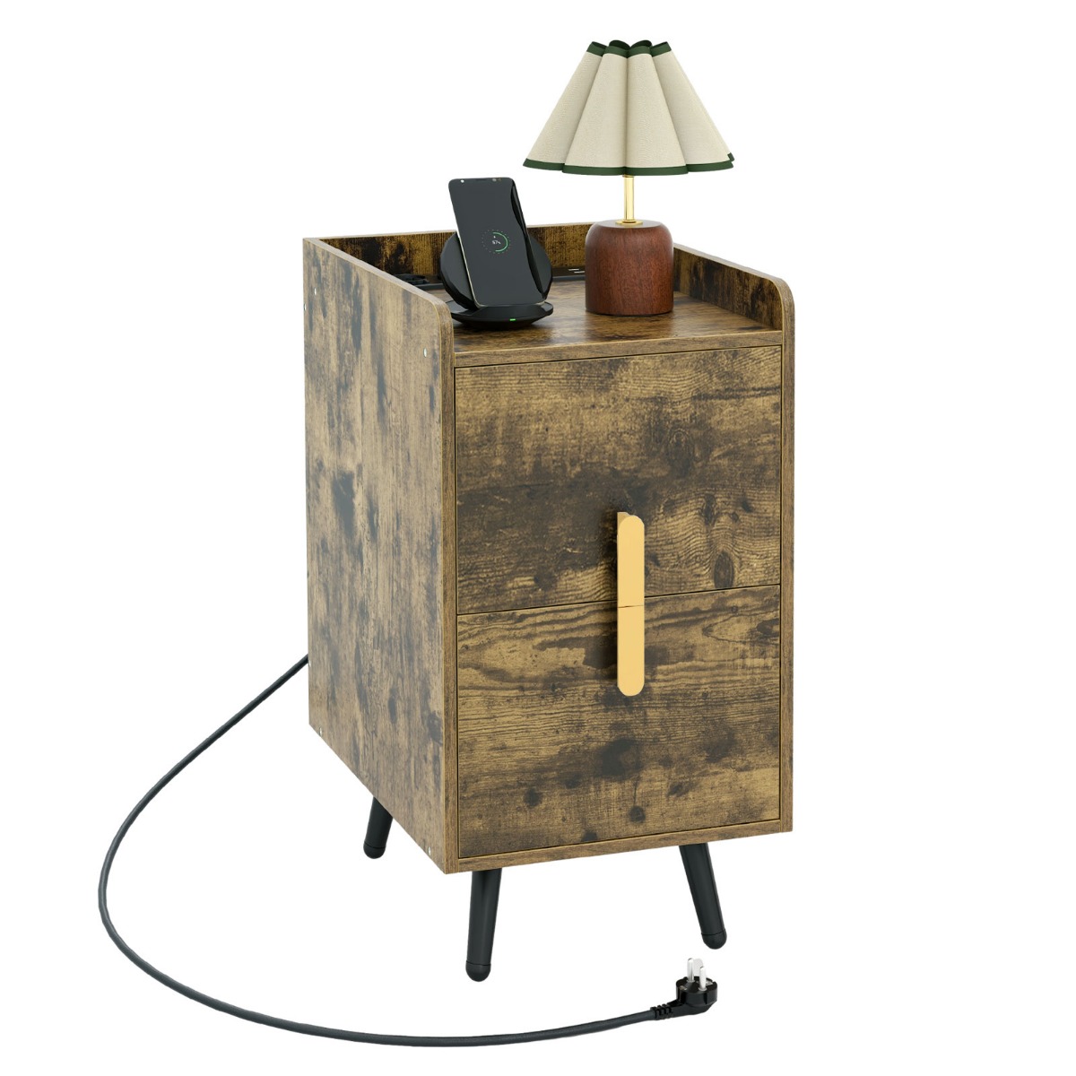 Öökapp laadimisjaamaga kitsas öökapp 2 sahtli ja usb-pesadega 40 x 32 x 60 cm rustikaalne pruun