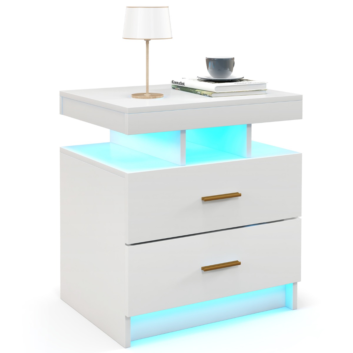 Öökapp led-valgustusega öölauakapp abilaud 2 sahtliga 50 x 40 x 58 cm valge