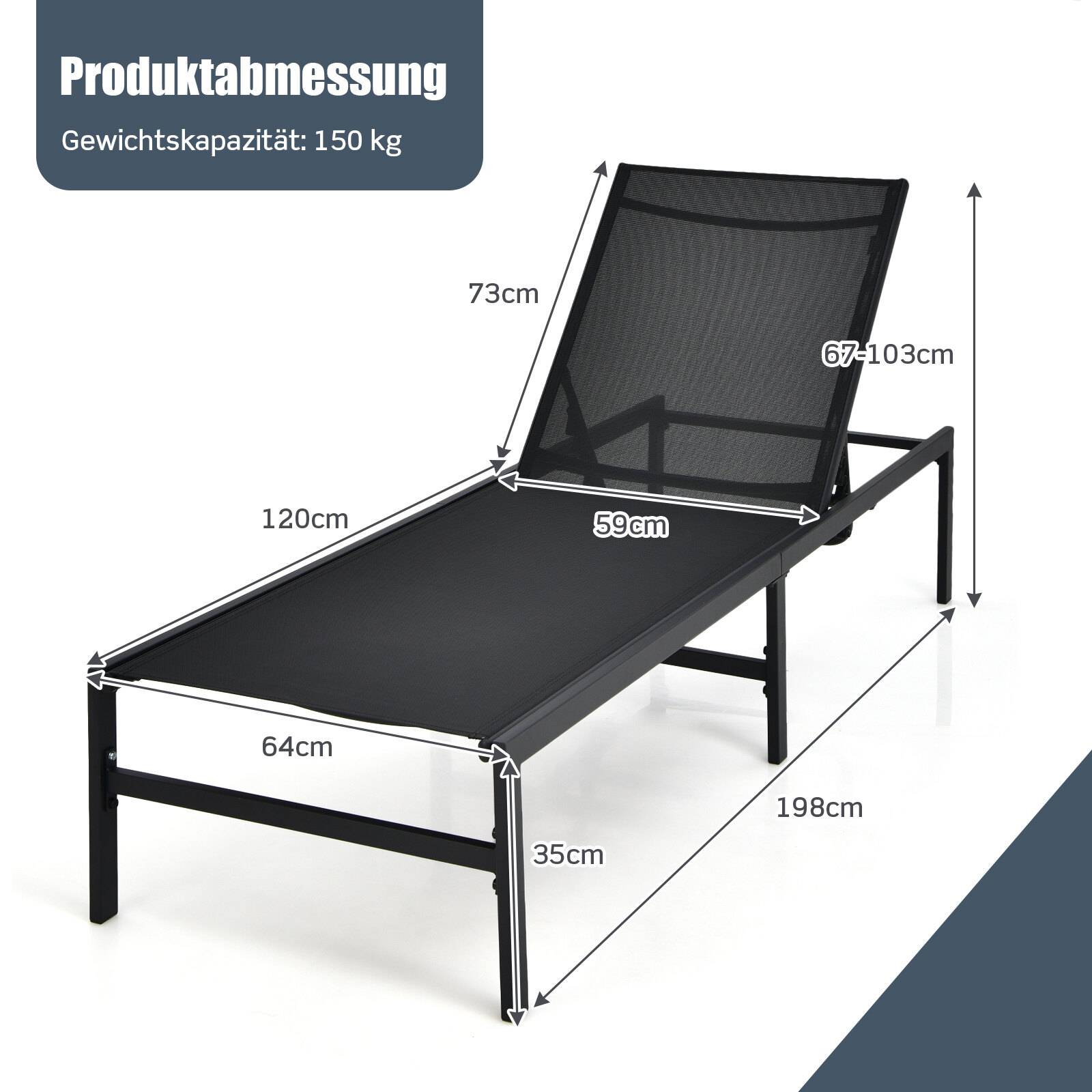 2 reguleeritava kõrgusega lamamistooli komplekt, 64 x 198 x 67–103 cm, must