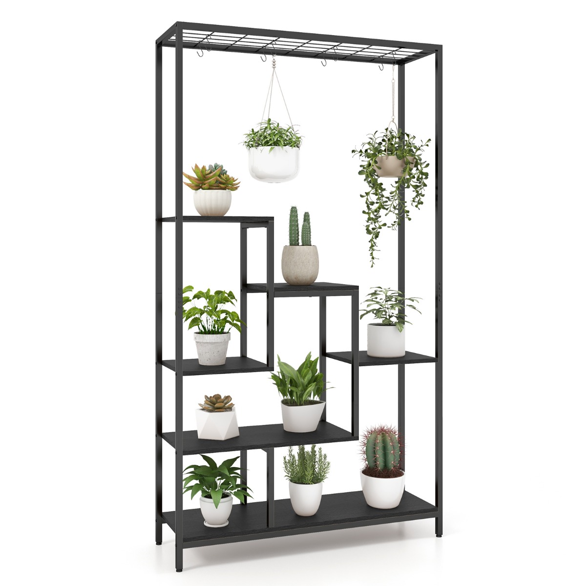 Kuuekorruseline metallist taime- ja lilleriiul, komplektis 10 S-kujulist riputuskonksu (kõrgus 180 cm), must