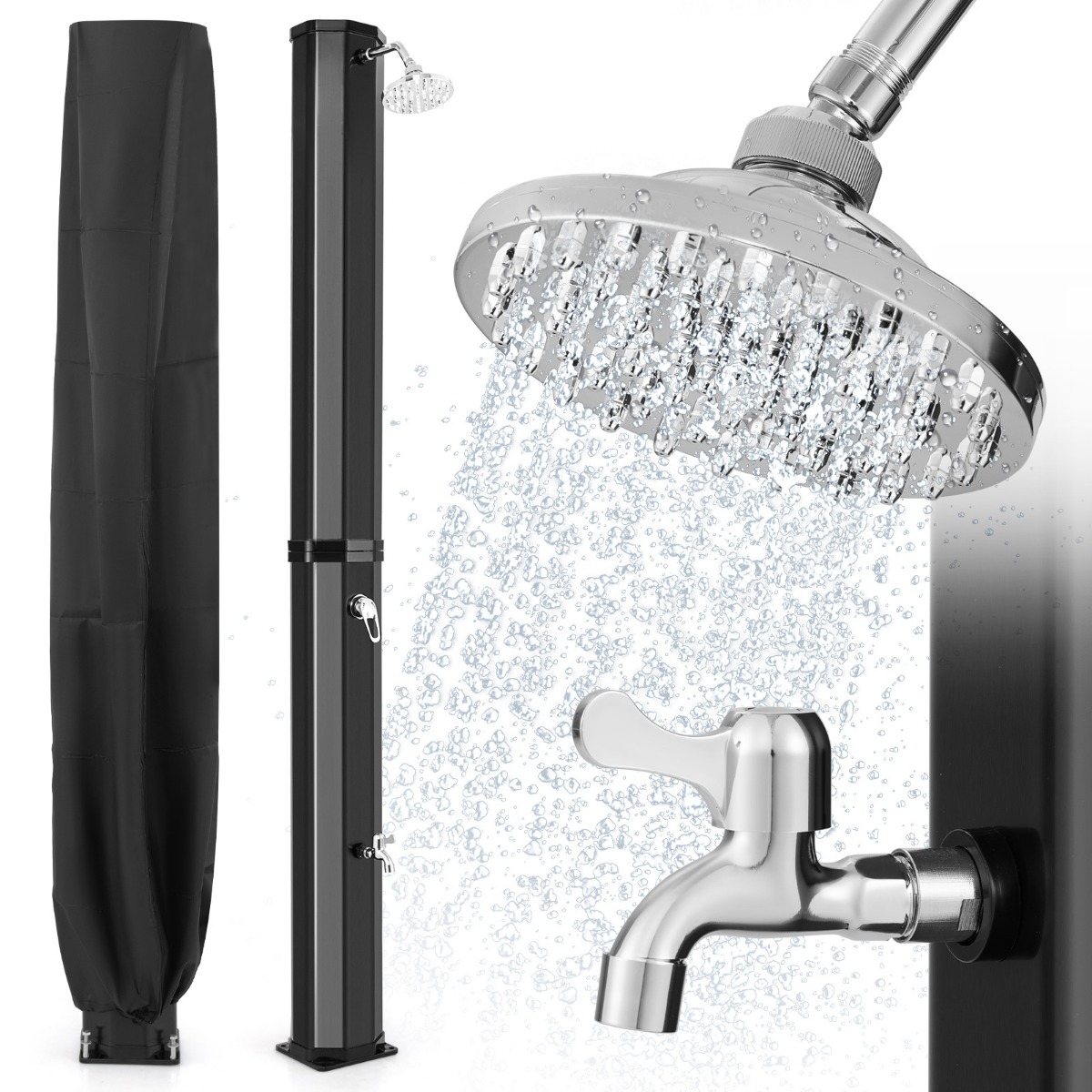 Päikesedu 60 liitrit aiadu koos kaitsekotiga 227 cm kuni 60c basseinidu pööratava duiotsikuga must