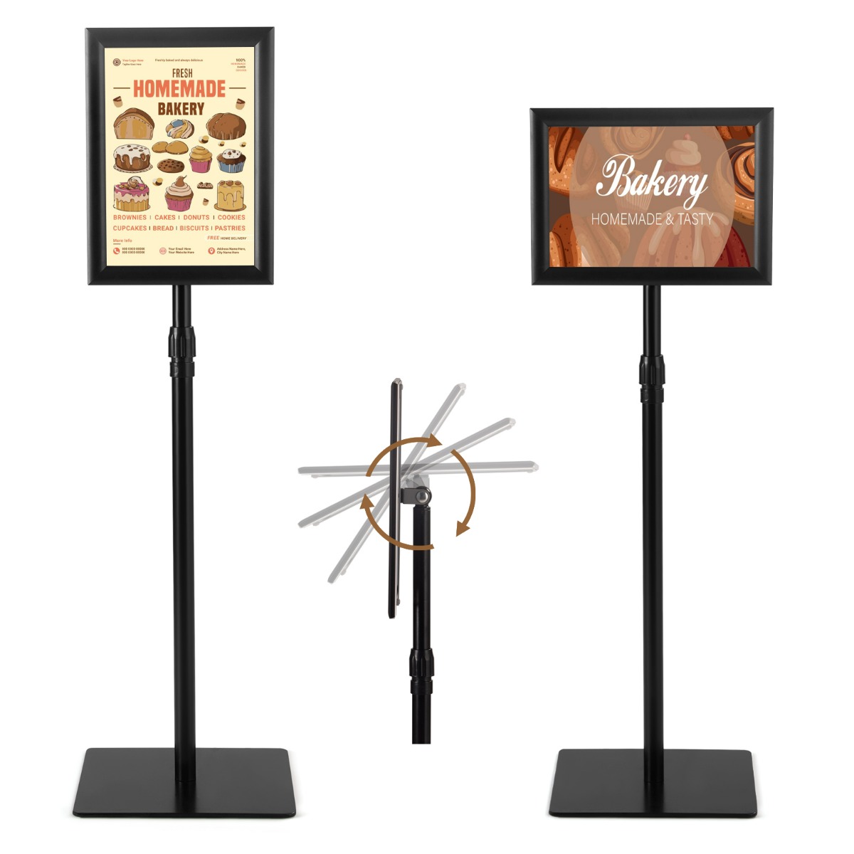 Tugev plakatialus, 2 tk komplekt, eraldiseisev stendalus, 360° pöörlev, reguleeritava kõrgusega (74-118 cm), raskusega alus, must stend