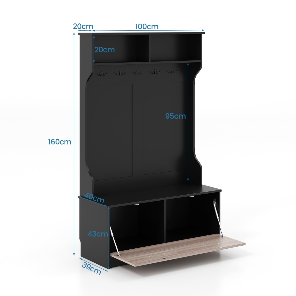 Istme ja 5 topeltkonksuga riidenagi stabiilne kingapingiga esikunagi ja Flurgarderobe (100x40x160 cm) must