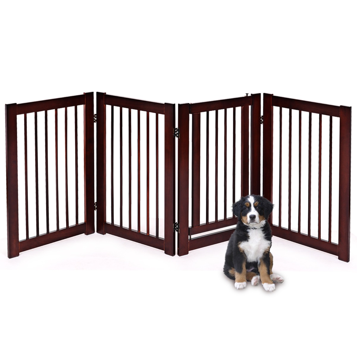Läbikäidava uksega neljaosaline kokkupandav koeravärav ja puidust turvatara, kohvipruun (203 x 76 x 1,8 cm)