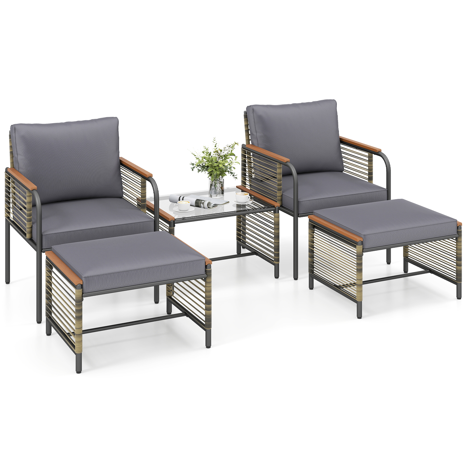 Rotangist aiamööblikomplekt, sh 2 tooli patjadega, taburet ja laud, aiamööblikomplekt, istumisrühm, hall