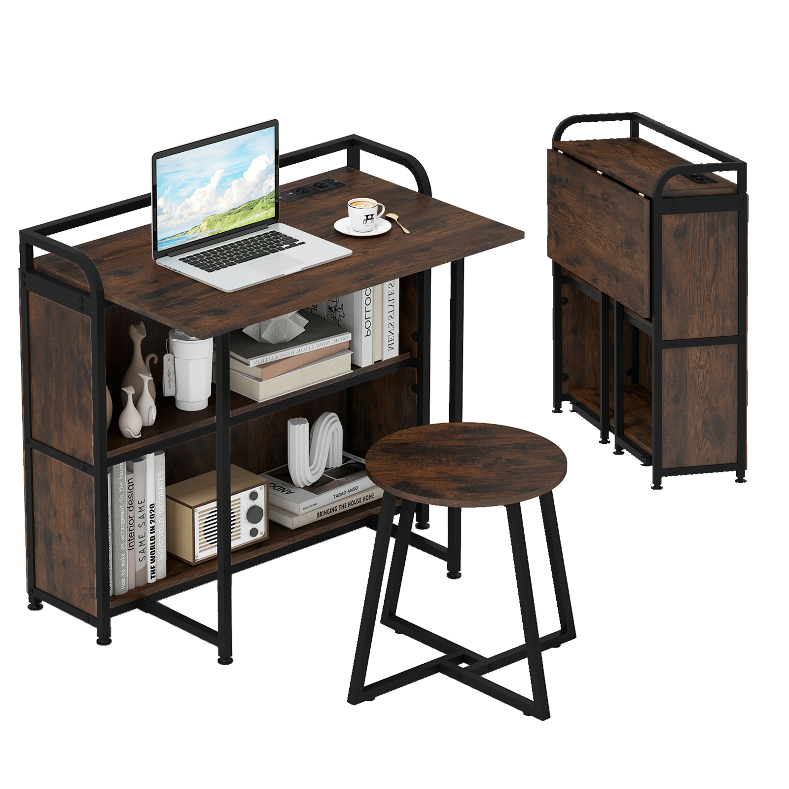 Kokkupandav kirjutuslaud pistikupesaga kokkupandav laud taburetiga arvutilaud riiulite ja metallraamiga 90 x 55 x 83 cm pruun