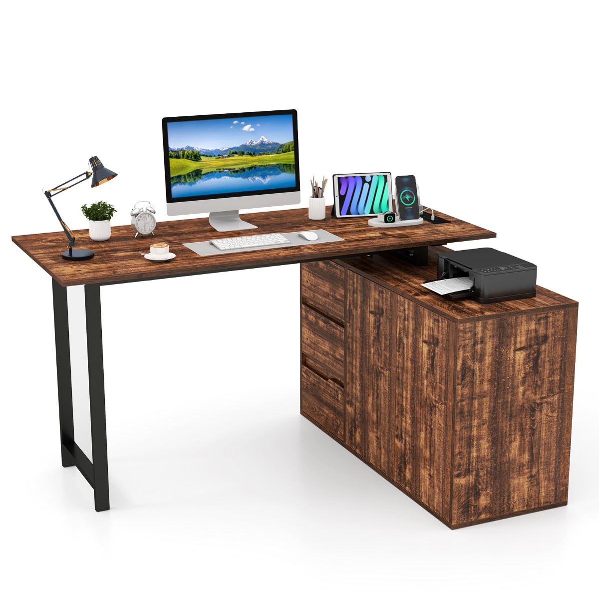 L-kujuline nurgalaud pistikupesaga, pööratav arvutilaud 3 sahtliga, tumepruun