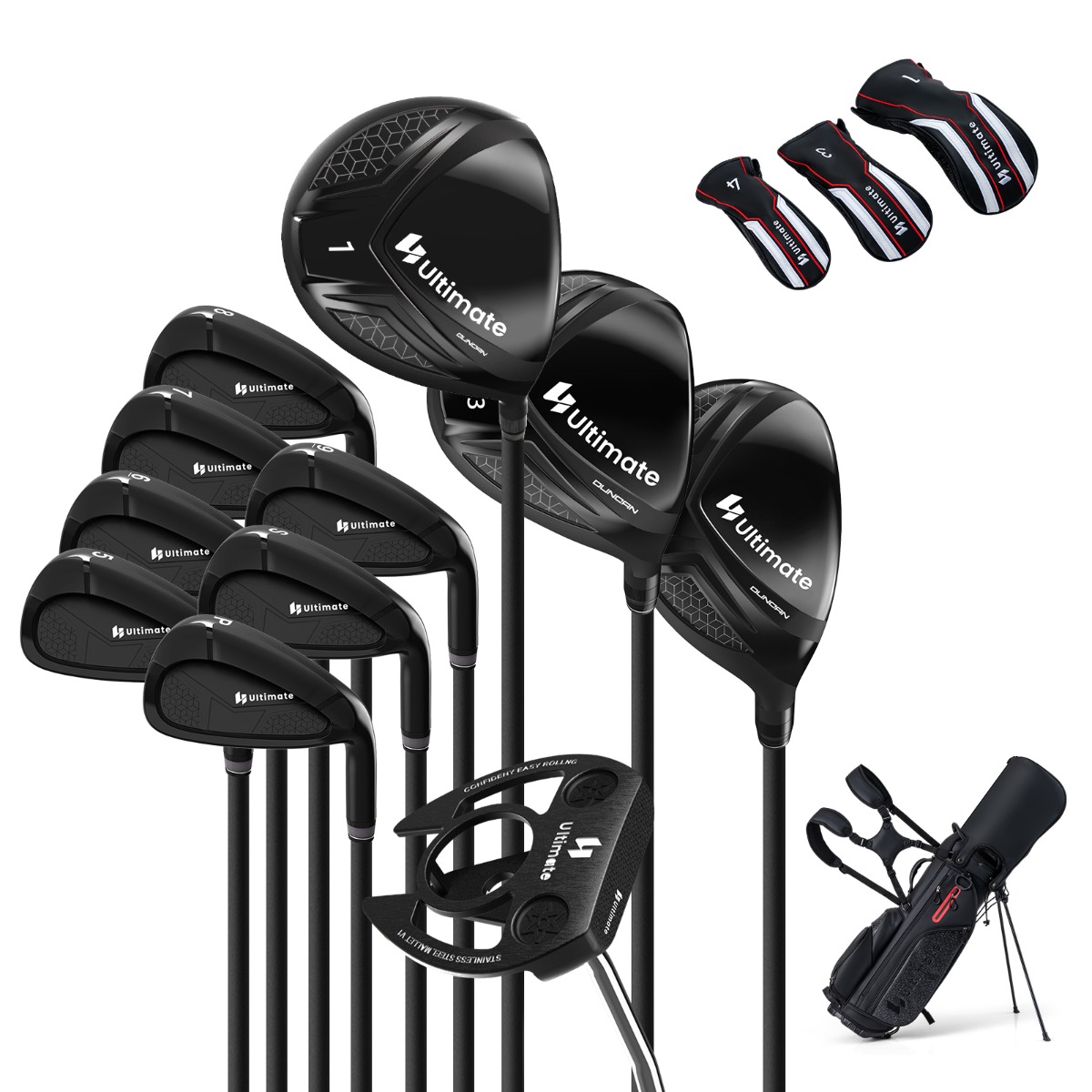 Meeste täielik golfikeppide komplekt koos kaasaskantava tugijalgadega golfikoti, putteri ja vihmakattega, must