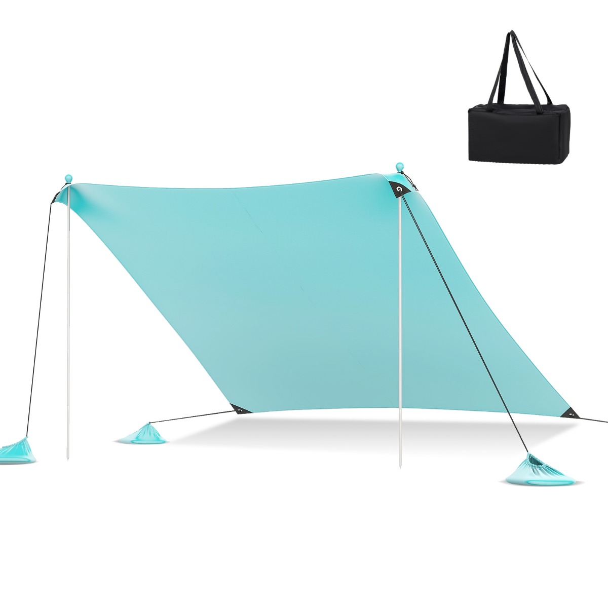 Rannatelk 300 x 300 cm UPF 50 päikesetelk liivaankrute, liivakottide ja 2 tugipostiga türkiissinine