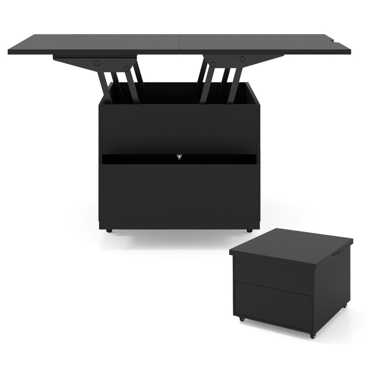 3-ühes kokkupandav tõstetava pealispinnaga kohvilaud peidetud sahtliga hoiuruumi ja 360° lukustatavate ratastega, pikendatav söögilaud, must