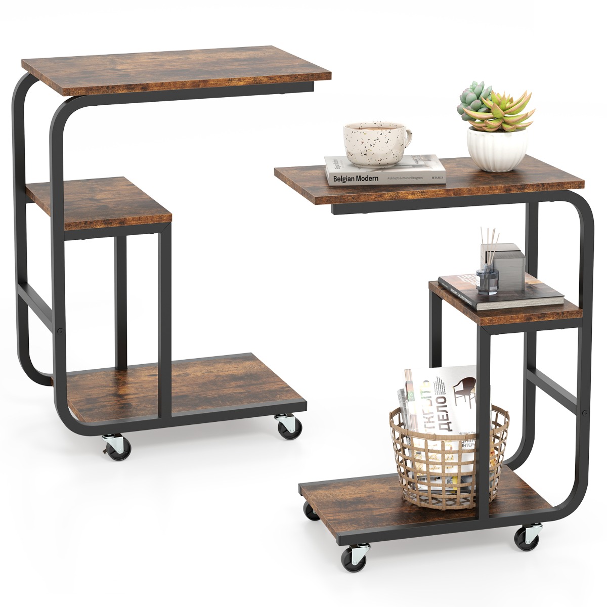 2-osaline c-kujuline abilaud avatud riiulitega ja lukustatavate ratastega ruumisäästlik