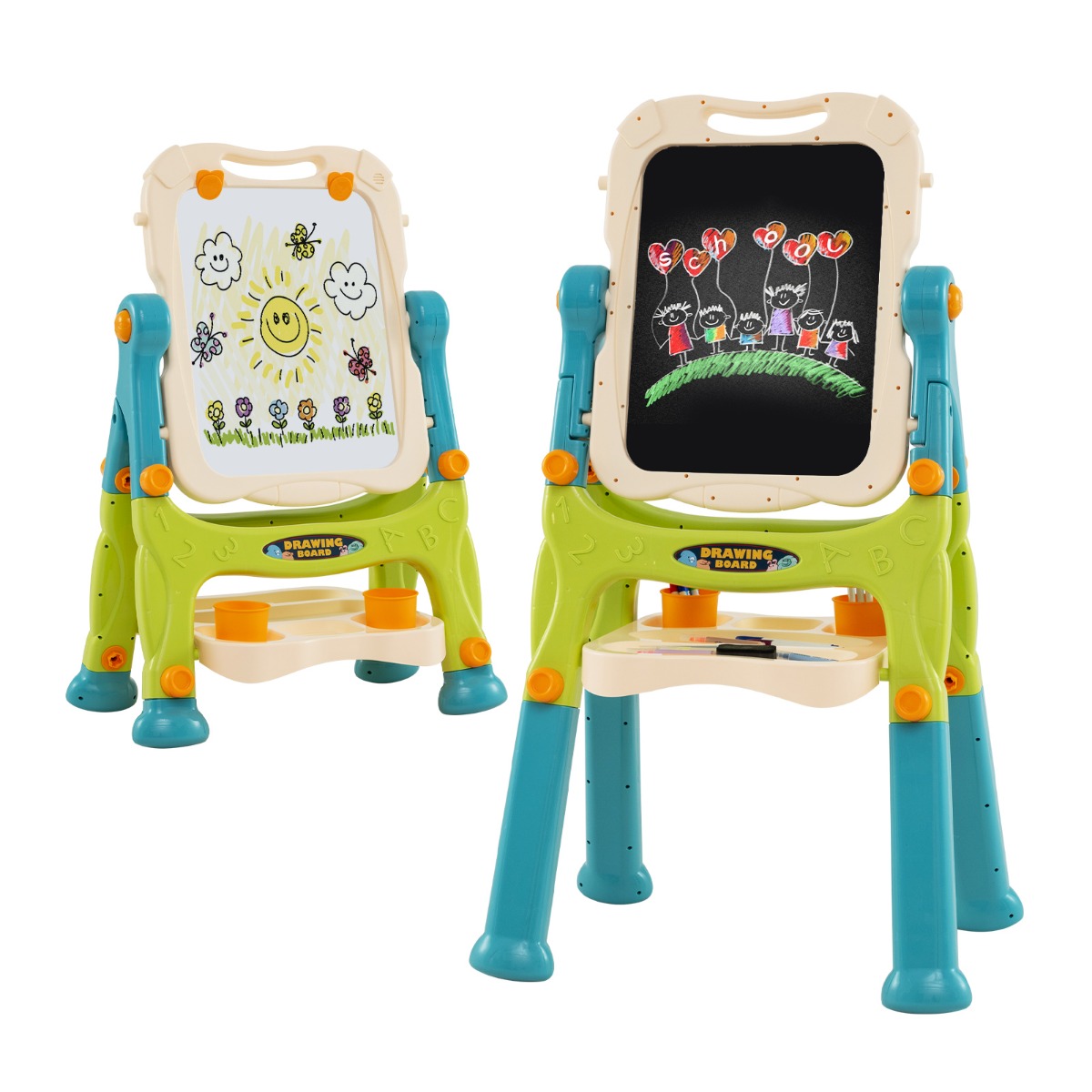 Laste kahepoolne tahvel kõrguse reguleerimisega valgetahvel roheline