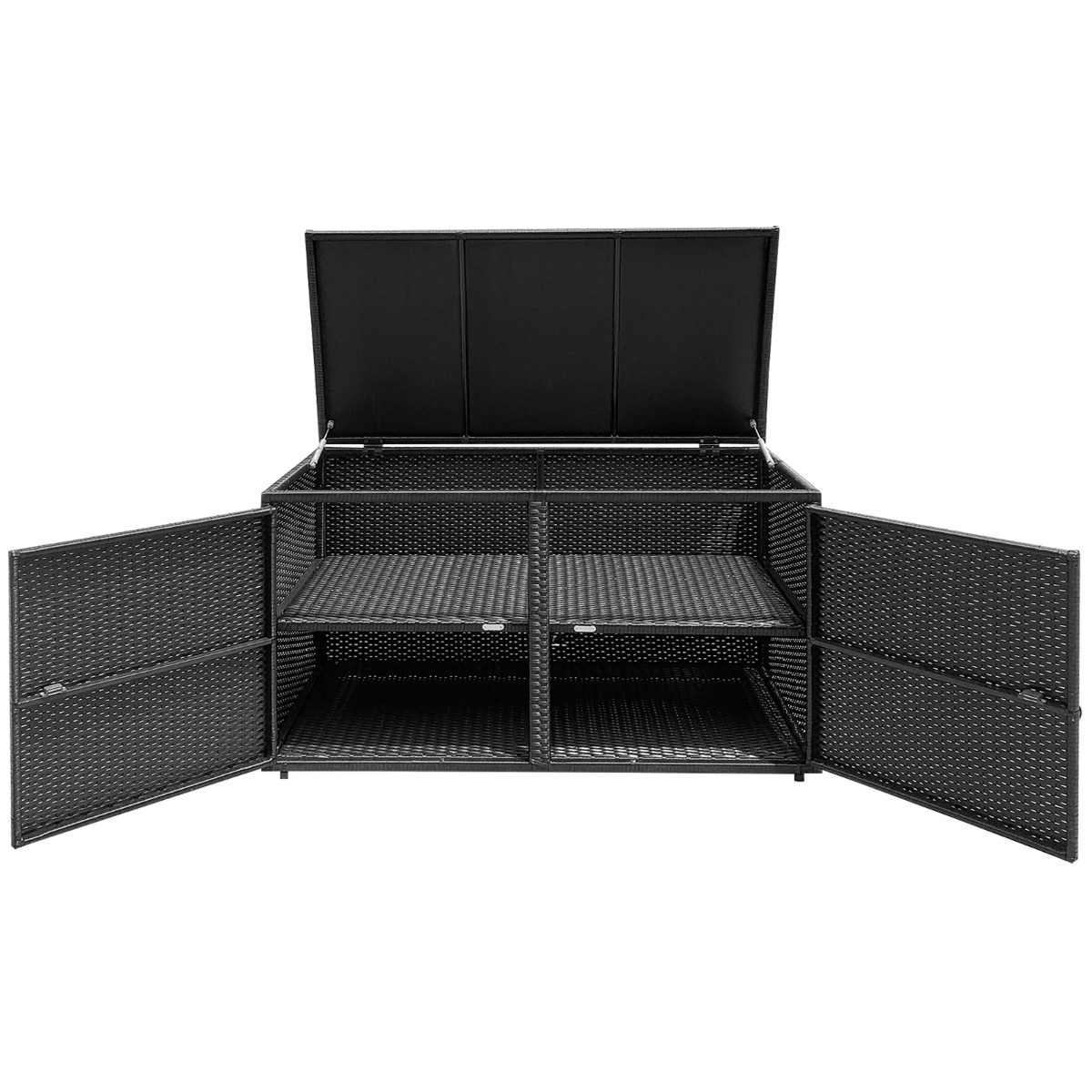 333l rotangist padjakast kahekordsete uste ja kaanega ning riiuliga aiakast istmepink must