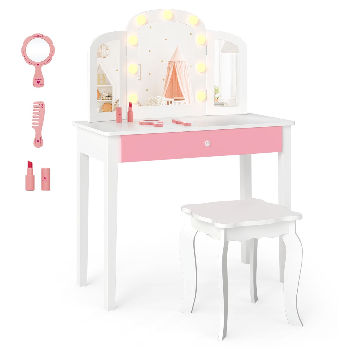 2-ühes laste tualettlauakomplekt eemaldatava peegli ja 3 heleda värvi meigilauaga, valge/roosa