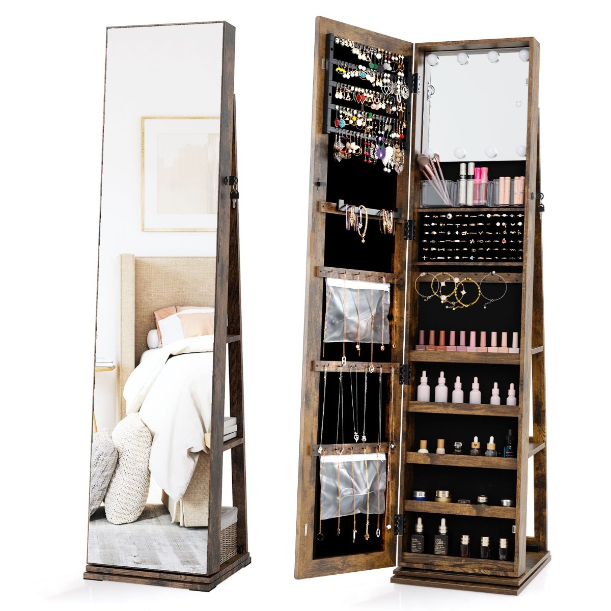 360° pöörlev ehtekapp, eraldiseisev ehtekorraldaja täispika peegli ja tagariiulitega, maalähedane pruun