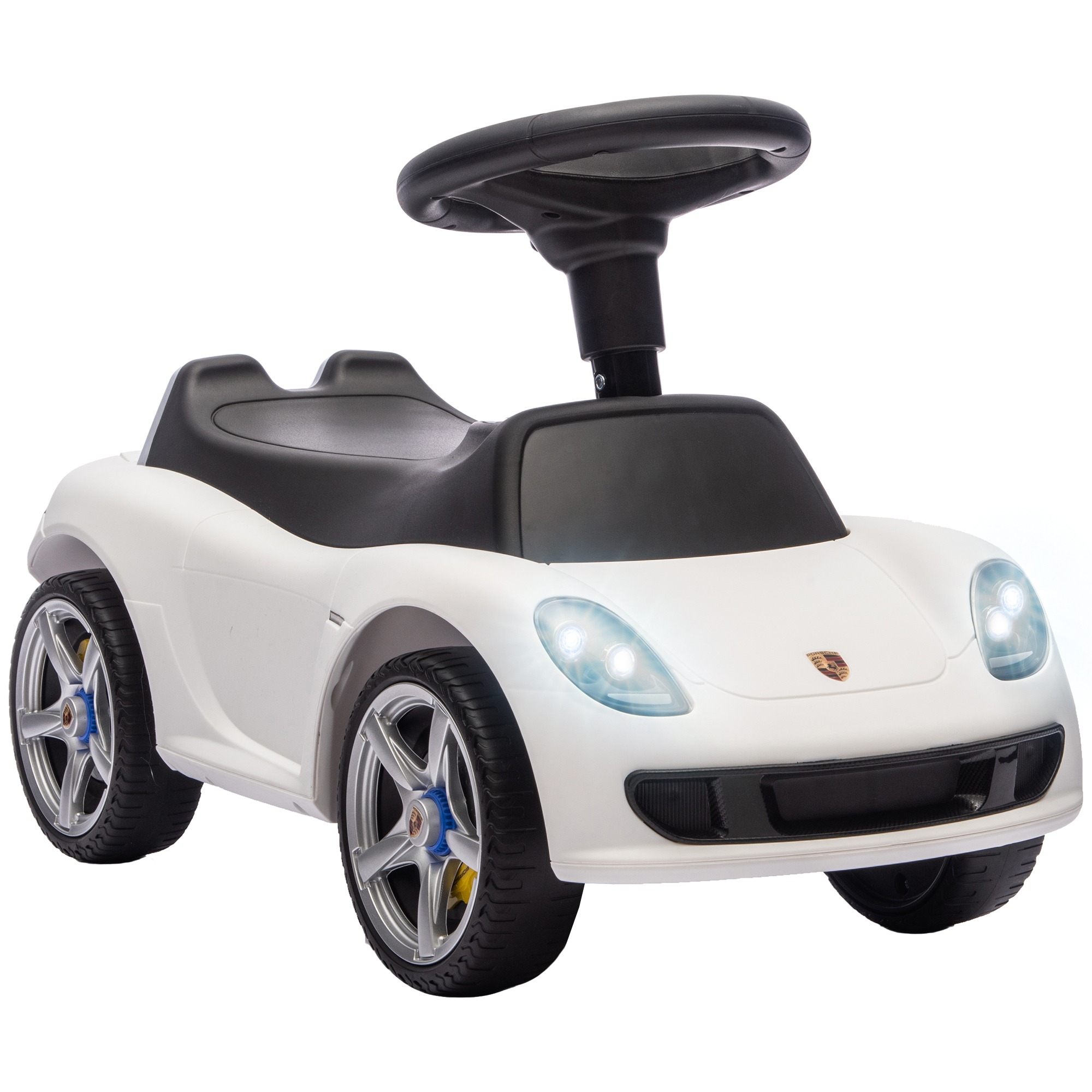 Porsche sõiduauto lastele signaali, tulede ja mootori helidega, 18–36 kuud, valge