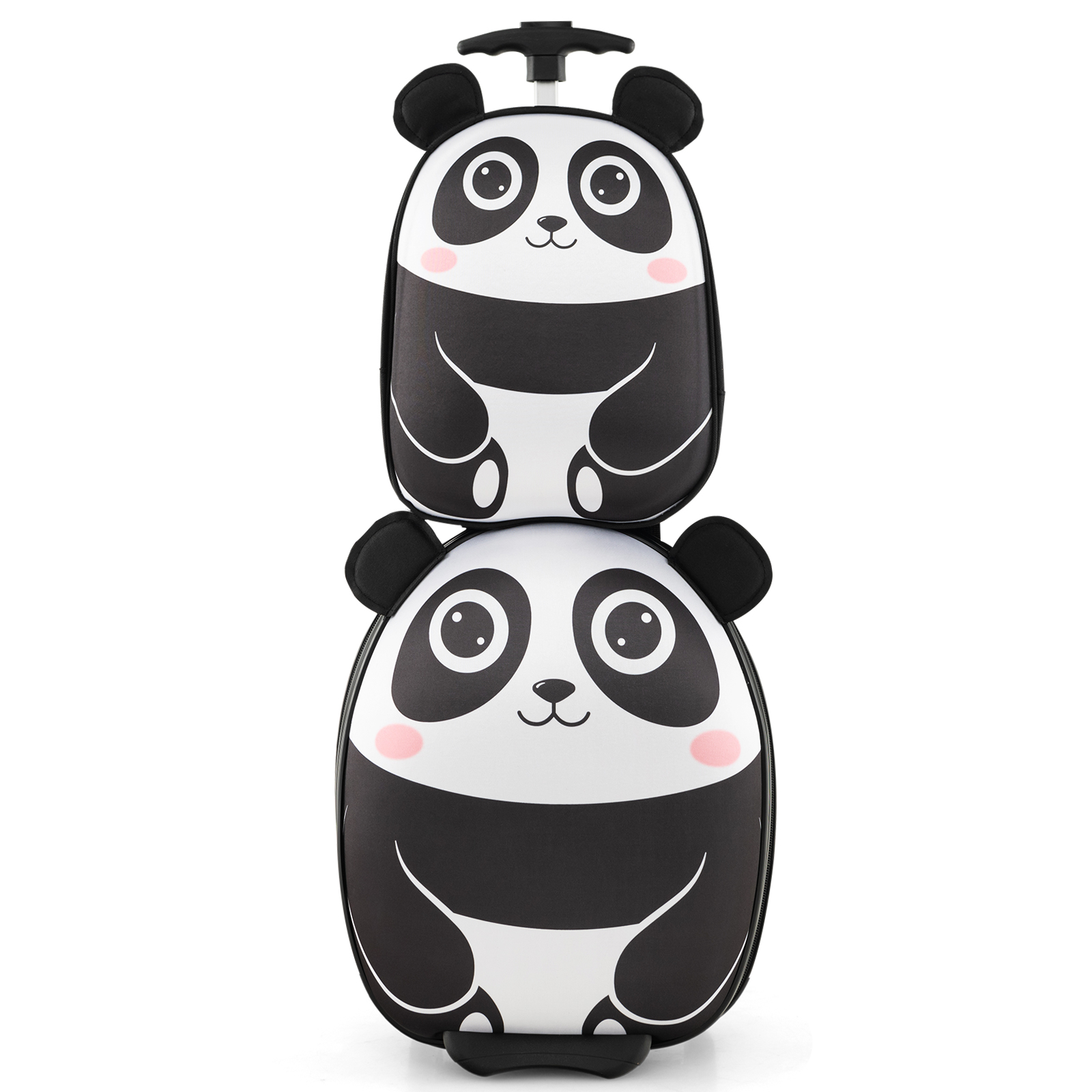 Laste kaheosaline reisikomplekt: kolmeastmelise käepidemega ratastel kohver ja seljakott "Panda", must ja valge