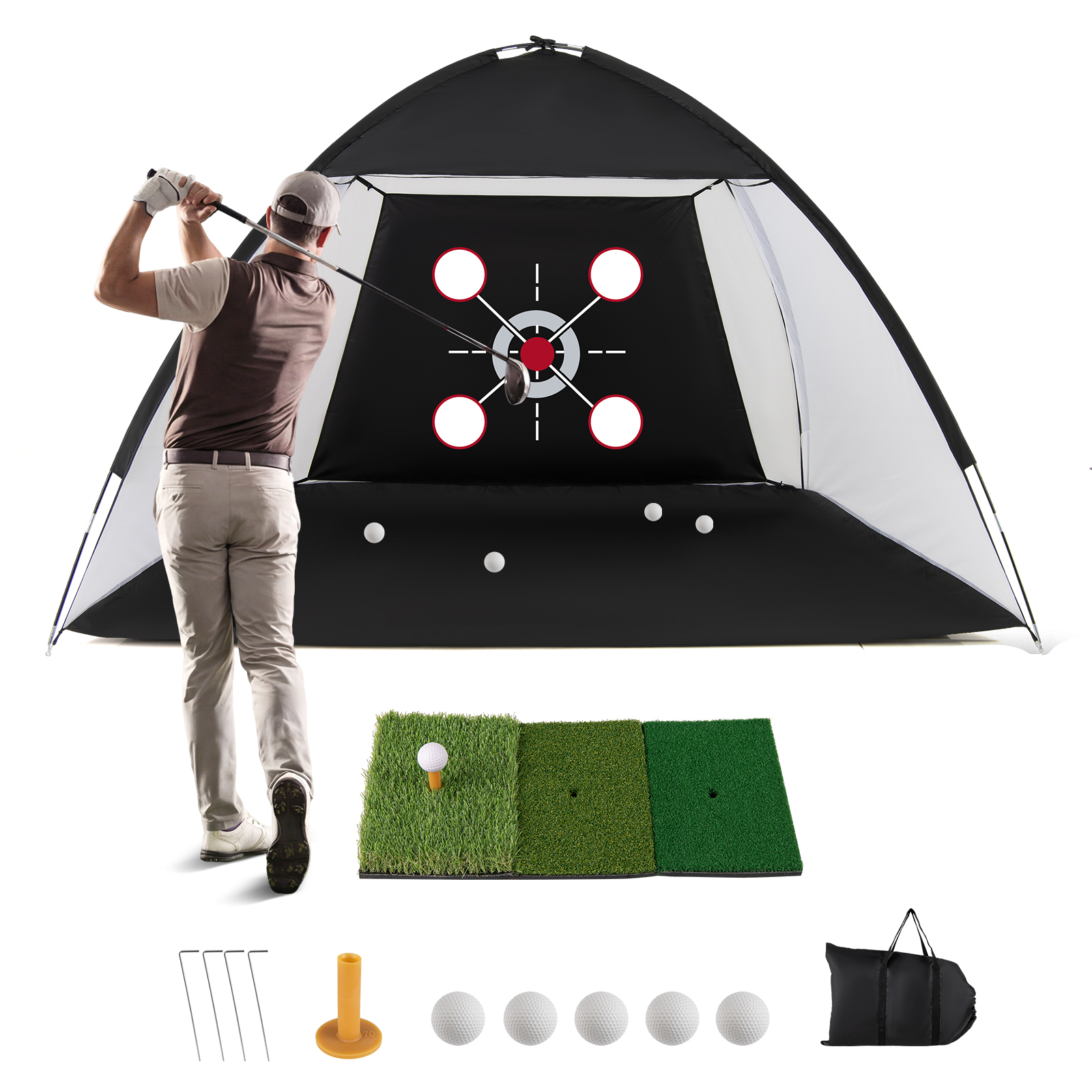Suur golfi harjutusvõrk (314 x 199 cm) koos kokkupandava kolme erineva muruimitatsiooniga treeningmati ja kandekotiga, must