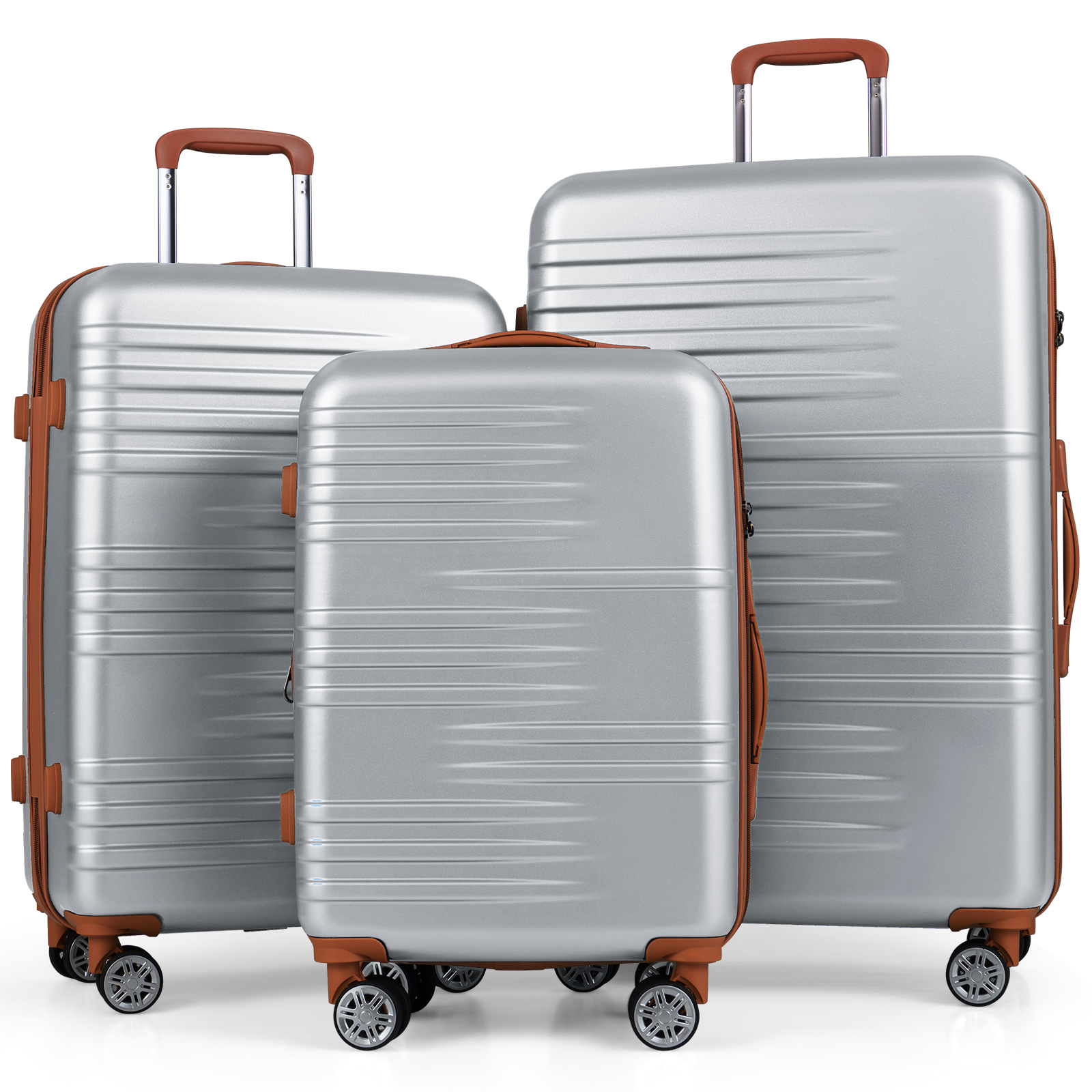 3-osaline kõva kestaga pagasikomplekt TSA lukuga, teleskoop-alumiiniumkäepideme ja 4 rattaga, hõbedane