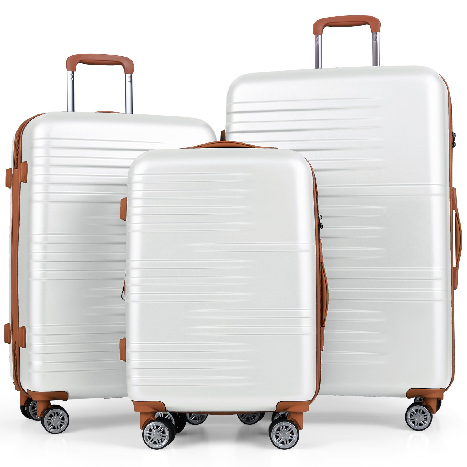 3-osaline kõva kestaga pagasikomplekt TSA lukuga, teleskoop-alumiiniumkäepideme ja 4 rattaga, valge