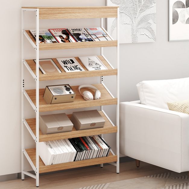 6-astmeline riiul, 64" kõrge, eraldiseisev kaldus riiul tugeva metallraami ja naturaalse puiduviimistlusega