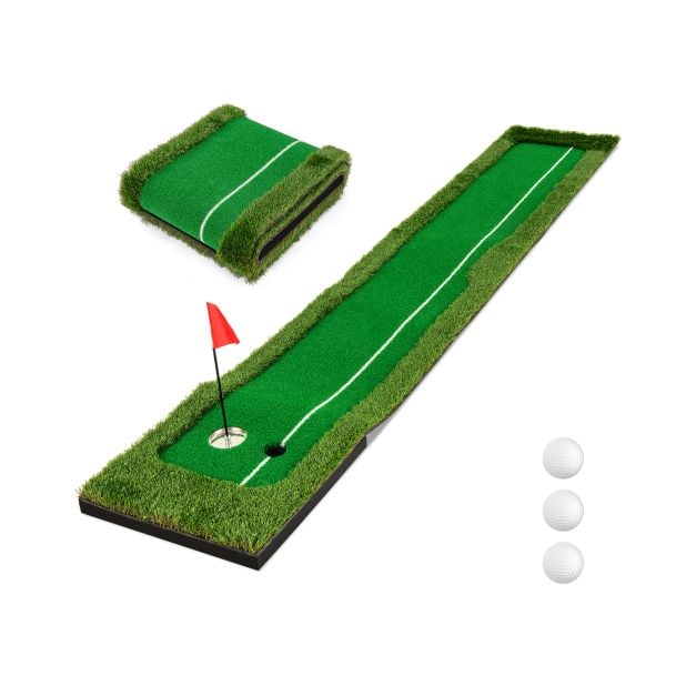 Kokkupandav ja kaasaskantav pikk golfi putting-matt, kahe erineva ava suurusega treeningmatt, komplektis 3 golfipalli (pikkus 300 cm), roheline