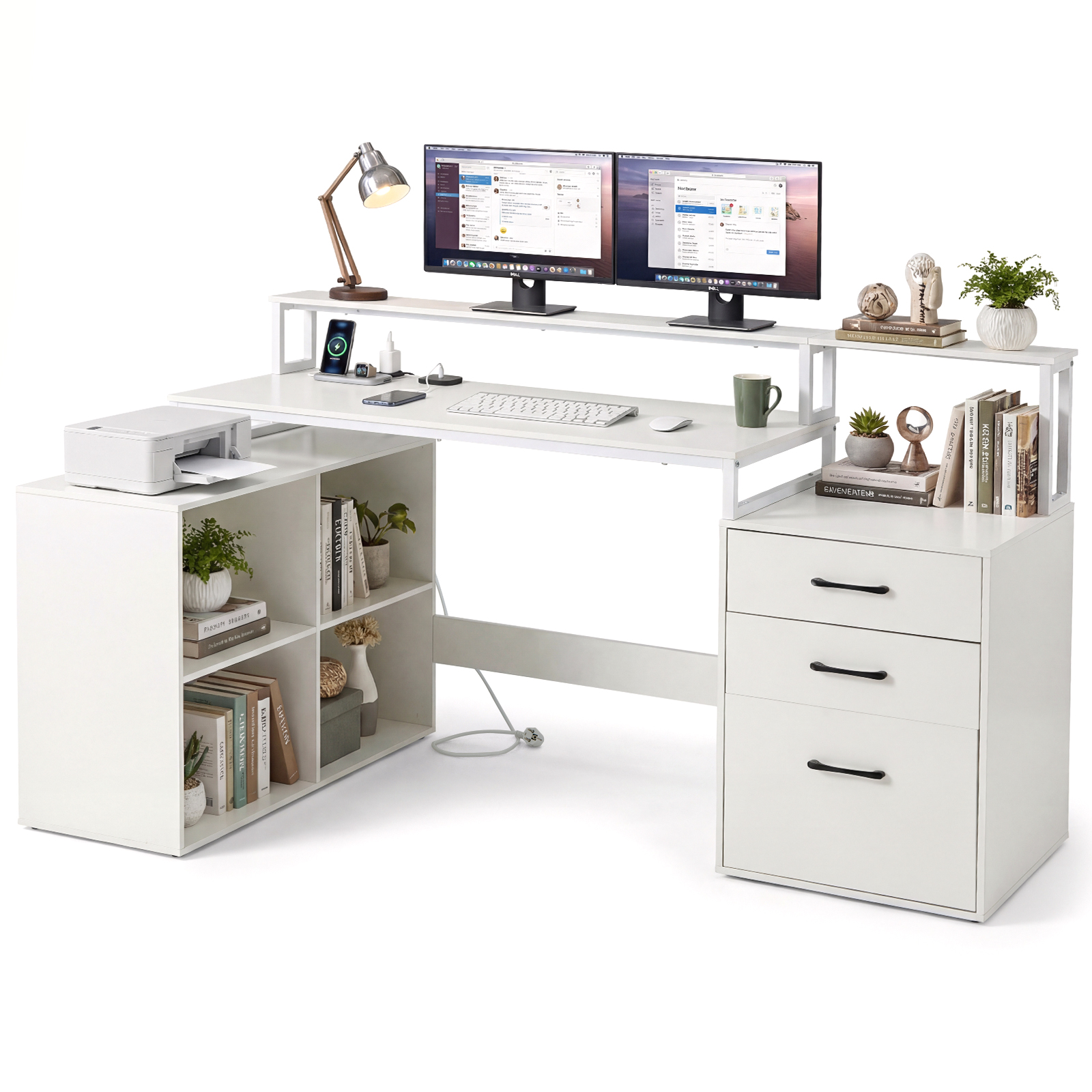 L-kujuline nurgalaud pistikupesadega kodukontorisse, laud dokumendisahtliga, printerialus, monitorialus, kuubikud, valge