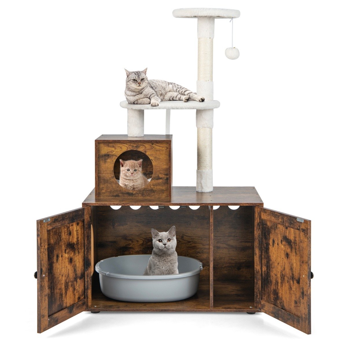 Kraapimispostiga kassikapp kõik-ühes puidust kassimaja pruun 77,5 x 48,5 x 132 cm