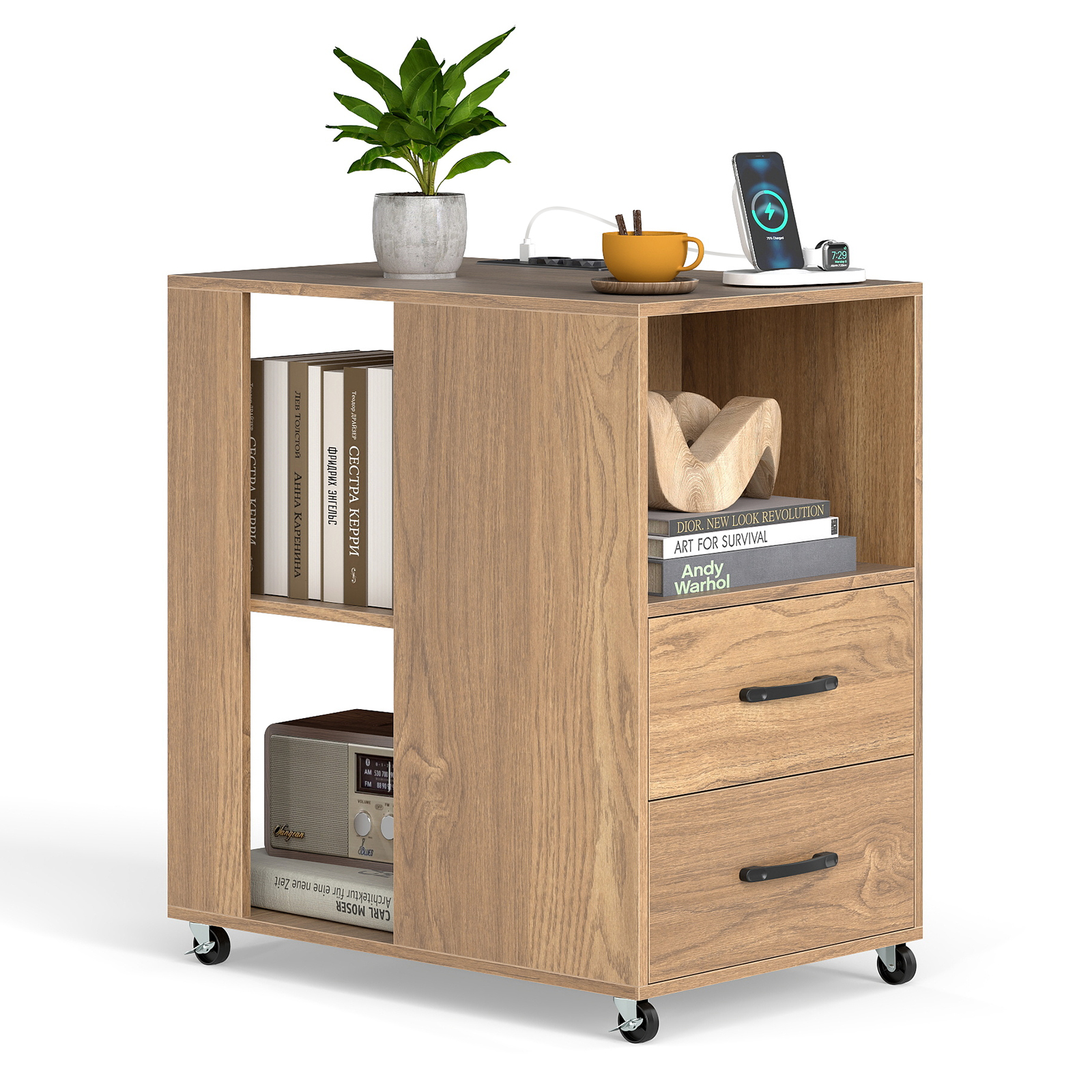 Abilaud ratastega, ratastel öökapp sahtlite ja riiulitega, naturaalsest puidust öökapp