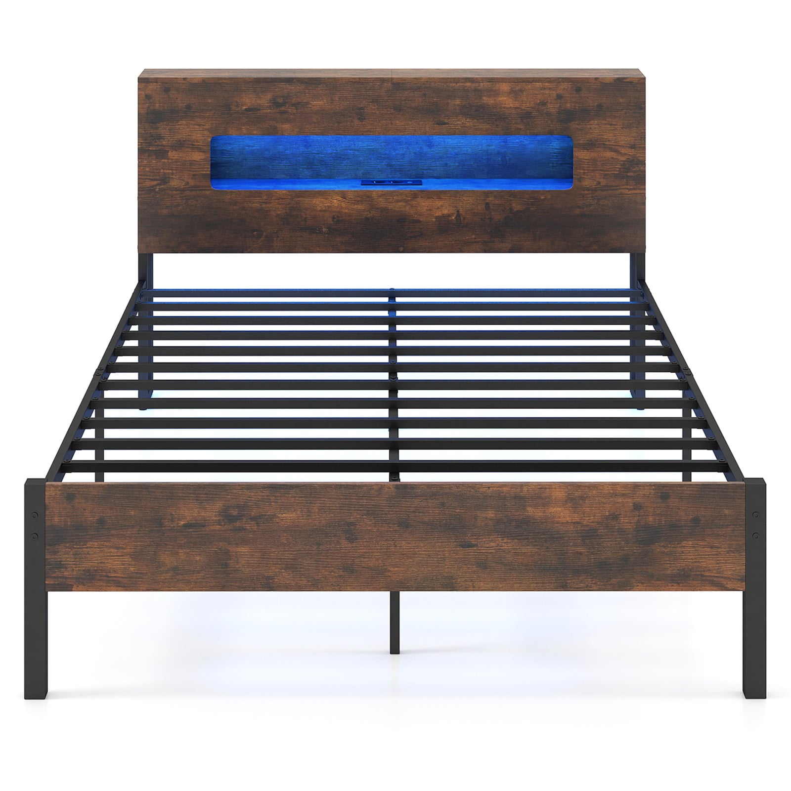 Voodiraam LED-tuledega, tööstuslik platvormvoodi panipaigaga peatsiga, 200 x 140 cm, maalähedane pruun