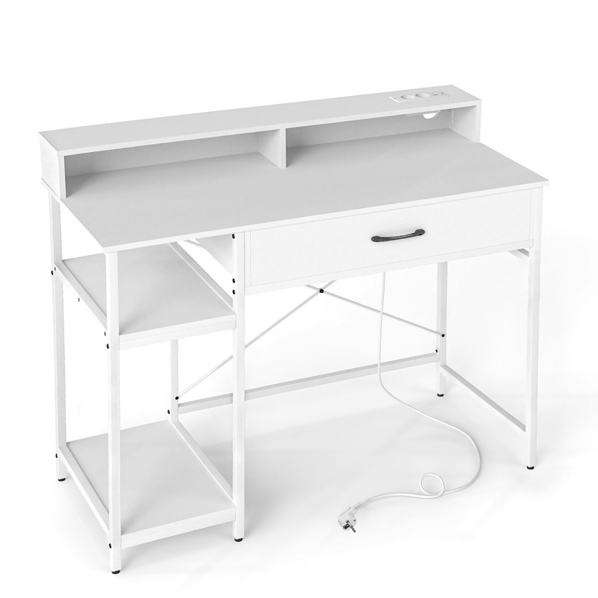 Arvutilaud ülemise riiuli, sahtli ja kahetasandilise riiuliga; Kirjutus- ja õppelaud vastupidava metallraamiga, valge