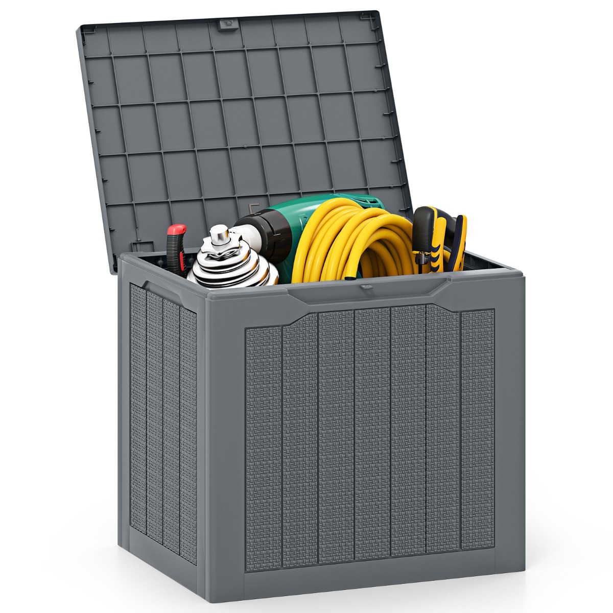 Välikasutuse hoiukast 96 l lukustatava kaanega ja punutud rotangist välimusega hall