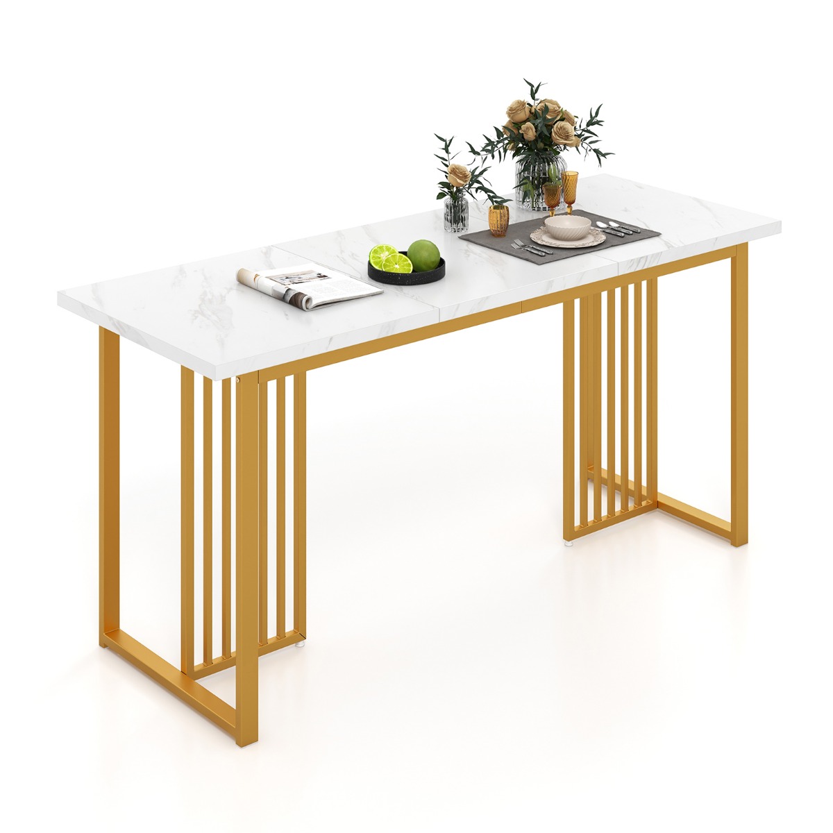 Marmorimitatsiooniga suure lauaplaadiga kaasaegne söögilaud 6–8 inimesele (160 x 60 cm) , valge