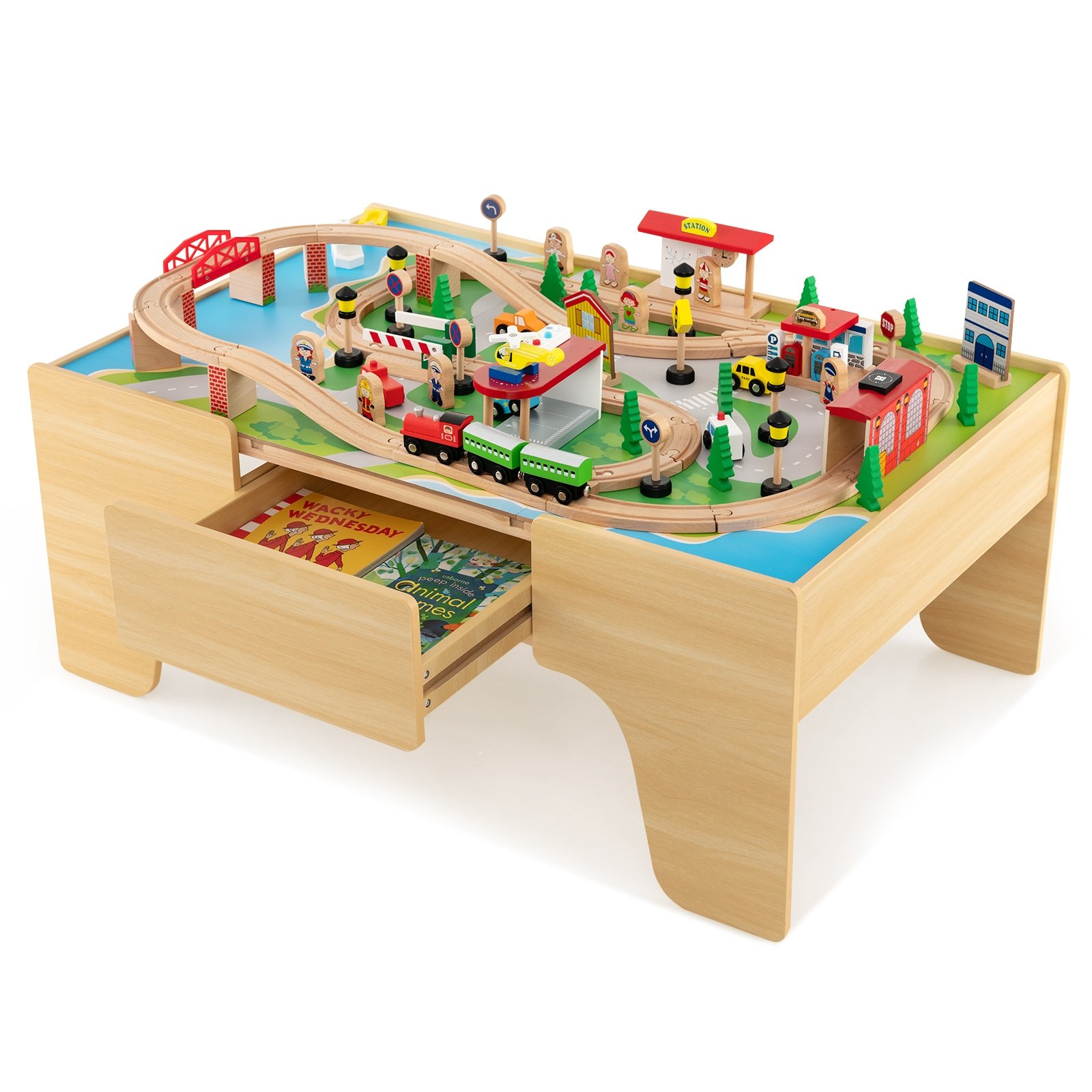 84-osalise rongiraja komplekti, kahepoolse ja eemaldatava plaadiga puidust mängulaud (97 x 62,5 x 39,5 cm), naturaalne