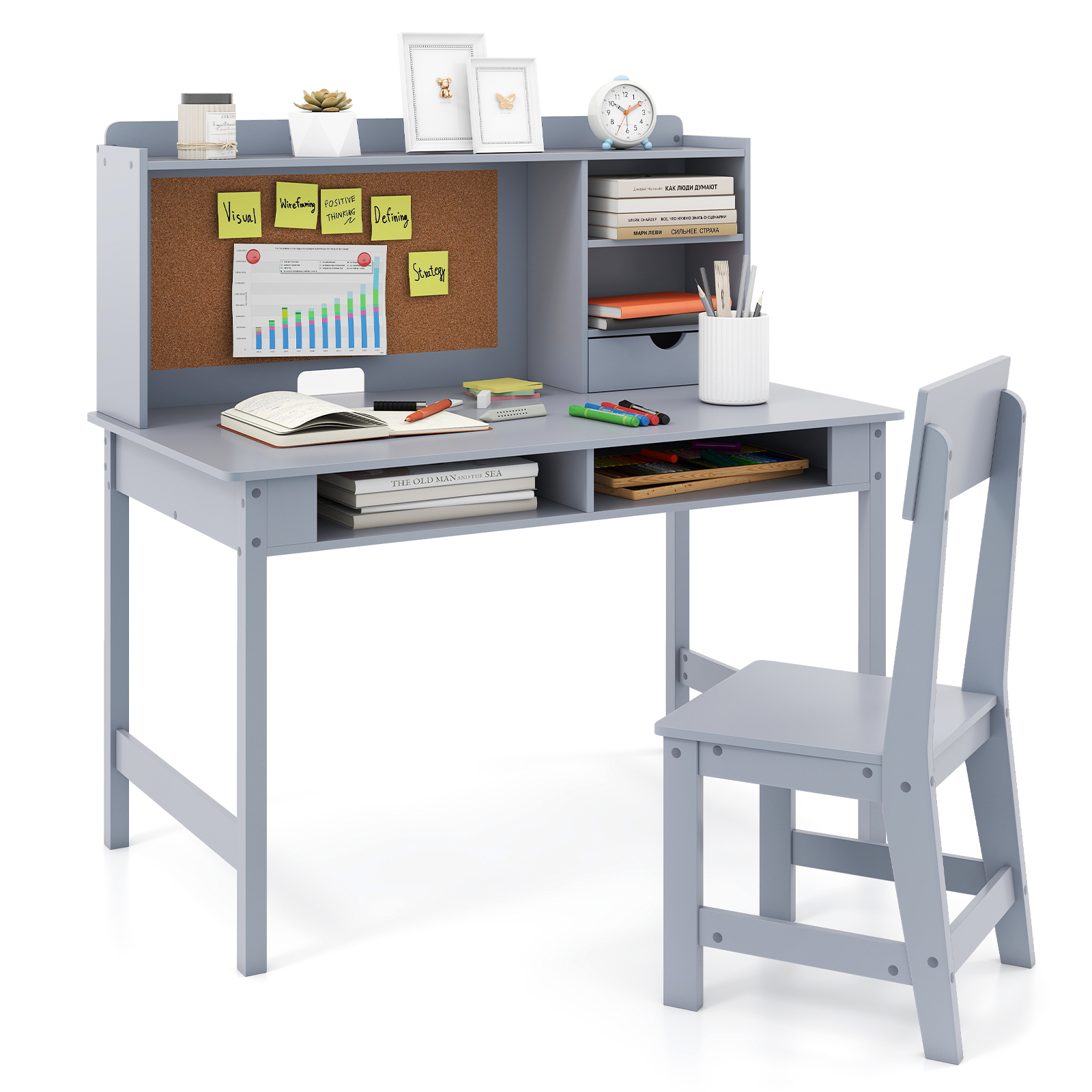 Laste laud tooliga, puidust õpilaslaud korgist tahvli ja sahtliga, hall