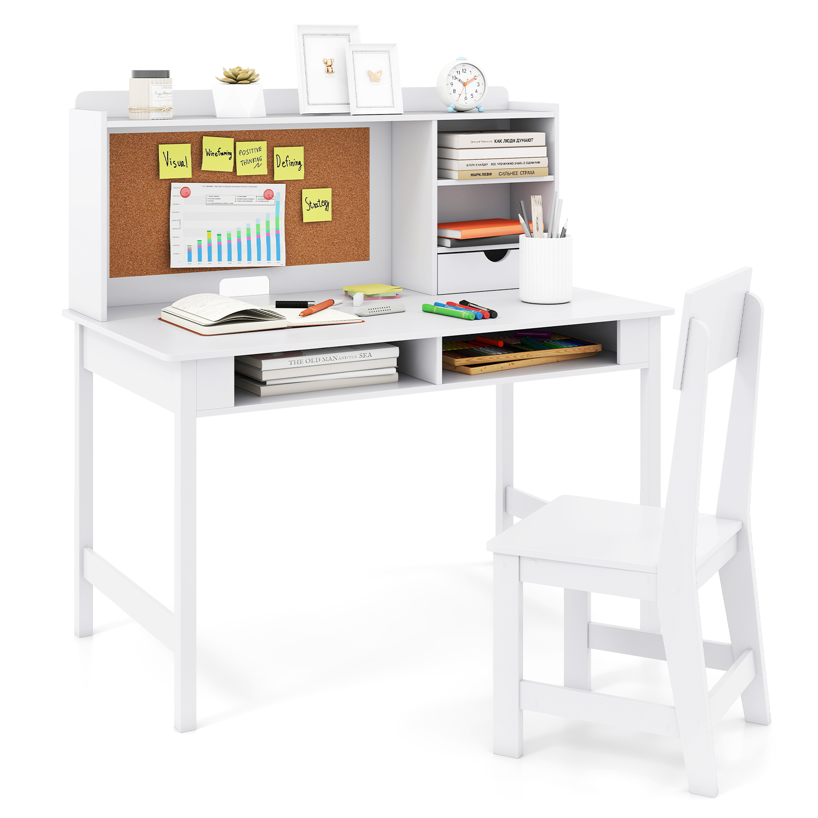 Laste laud tooliga, puidust õpilaslaud korgist tahvli ja sahtliga, valge