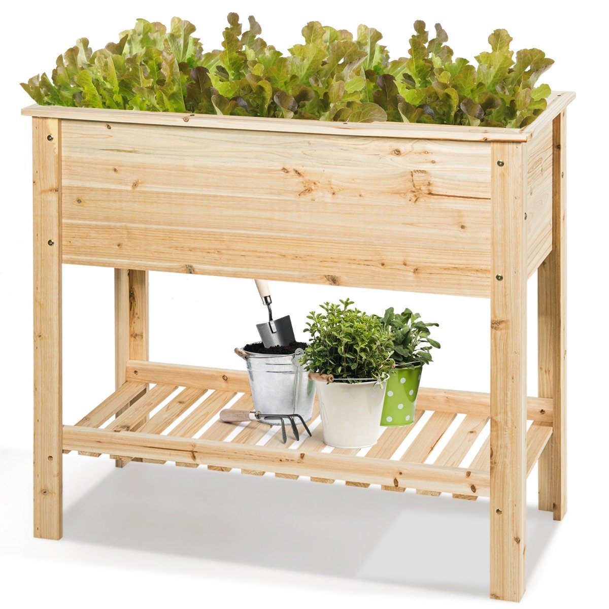 Alumise riiuliga kõrge puidust taimekast ja jalgadel peenar taimede kasvatamiseks (92 x 41 x 81 cm) naturaalne