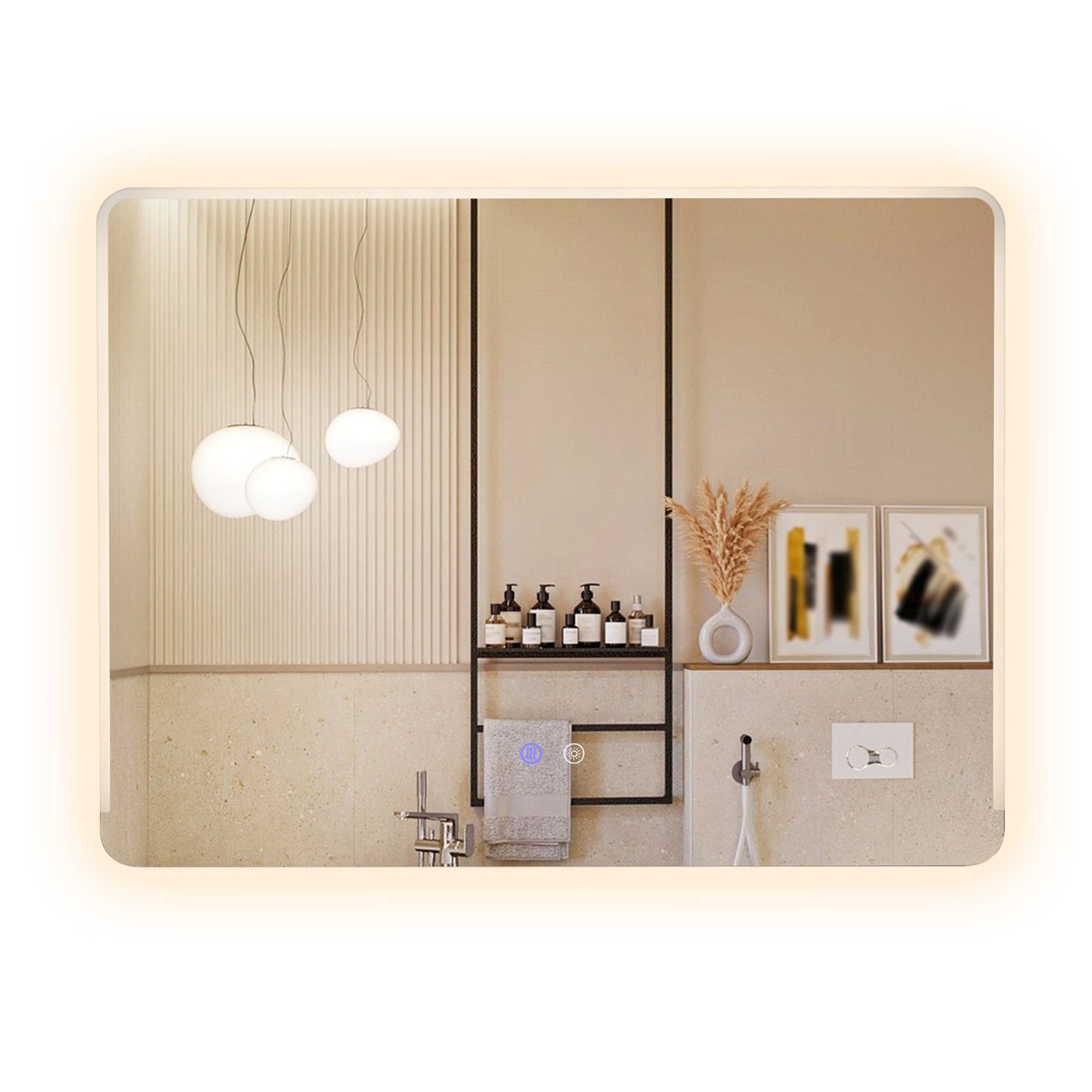 80 x 60 cm vannitoapeegel valgustusega, seinale kinnitatav karastatud klaas, plahvatuskindel, 3 värvitemperatuuri ja uduvastase funktsiooniga