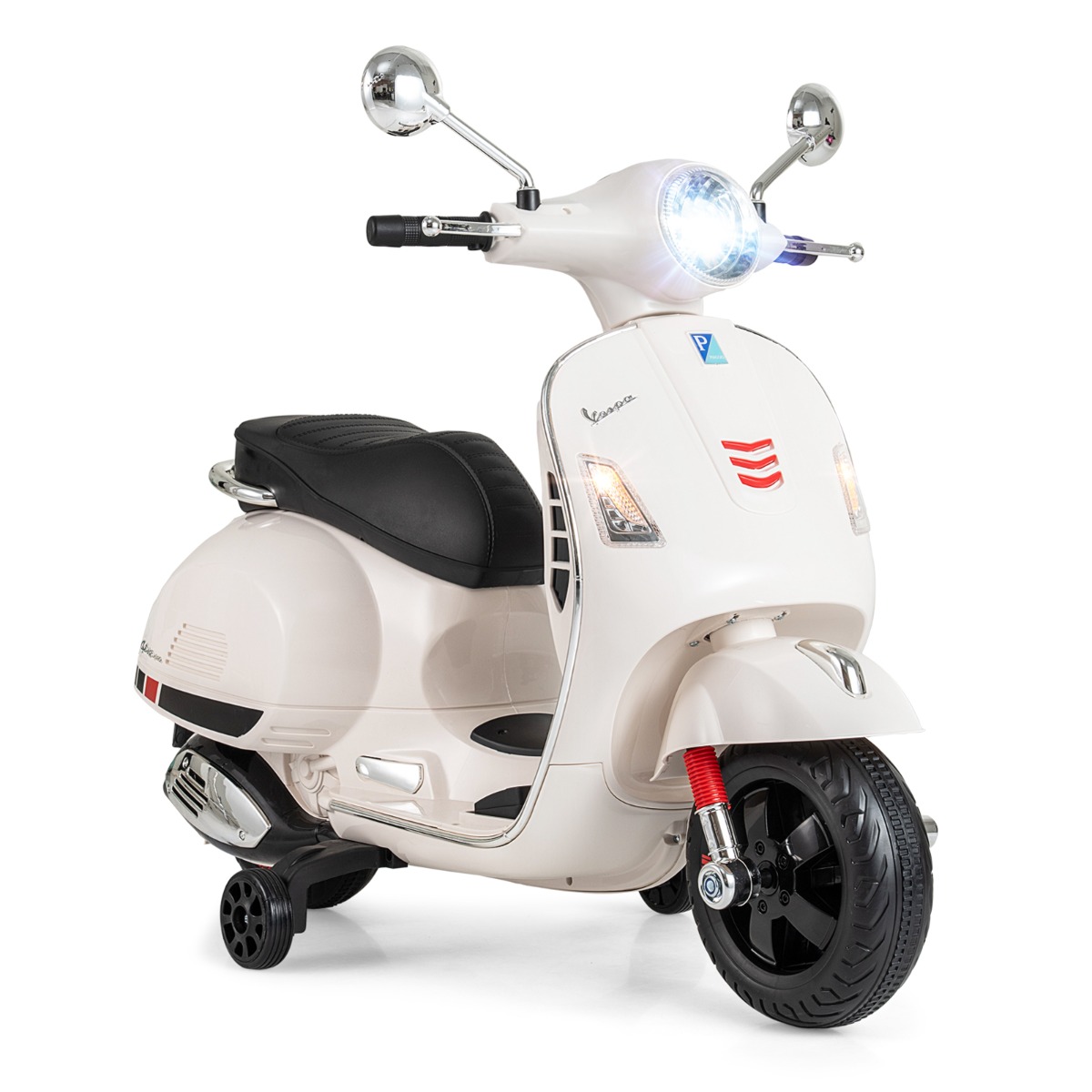 Litsentseeritud VESPA laste mootorratas, LED-esitule ja helisignaaliga turvaline elektriline roller ja akusõiduk, valge