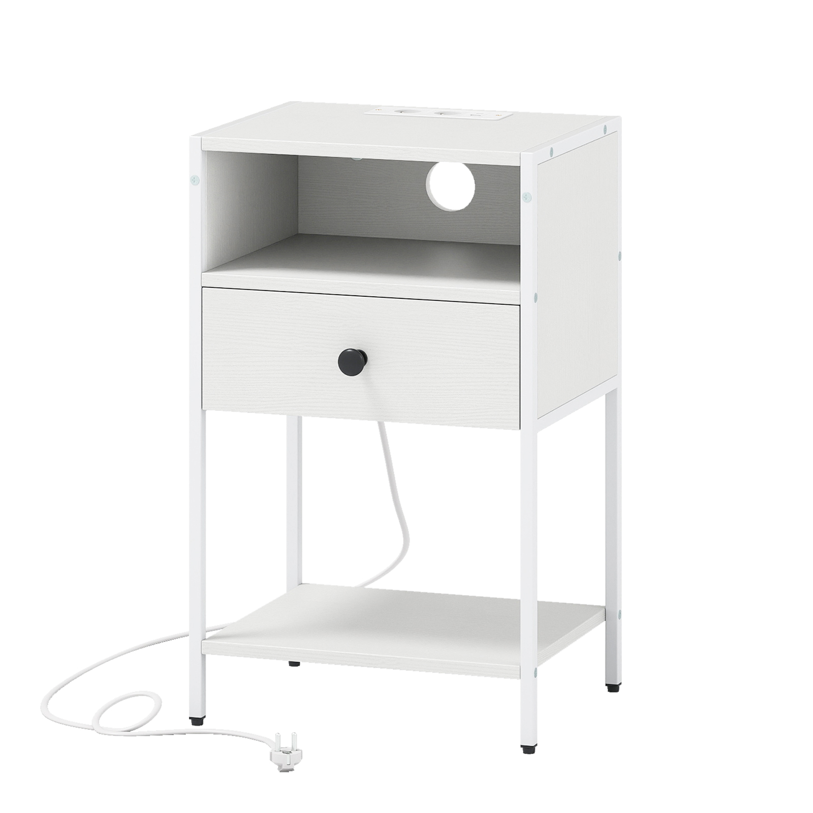 Öökapp laadimisjaamaga, tööstuslik abilaud avatud sahtliga, sahtli ja riiuliga, kompaktne öökapp, valge