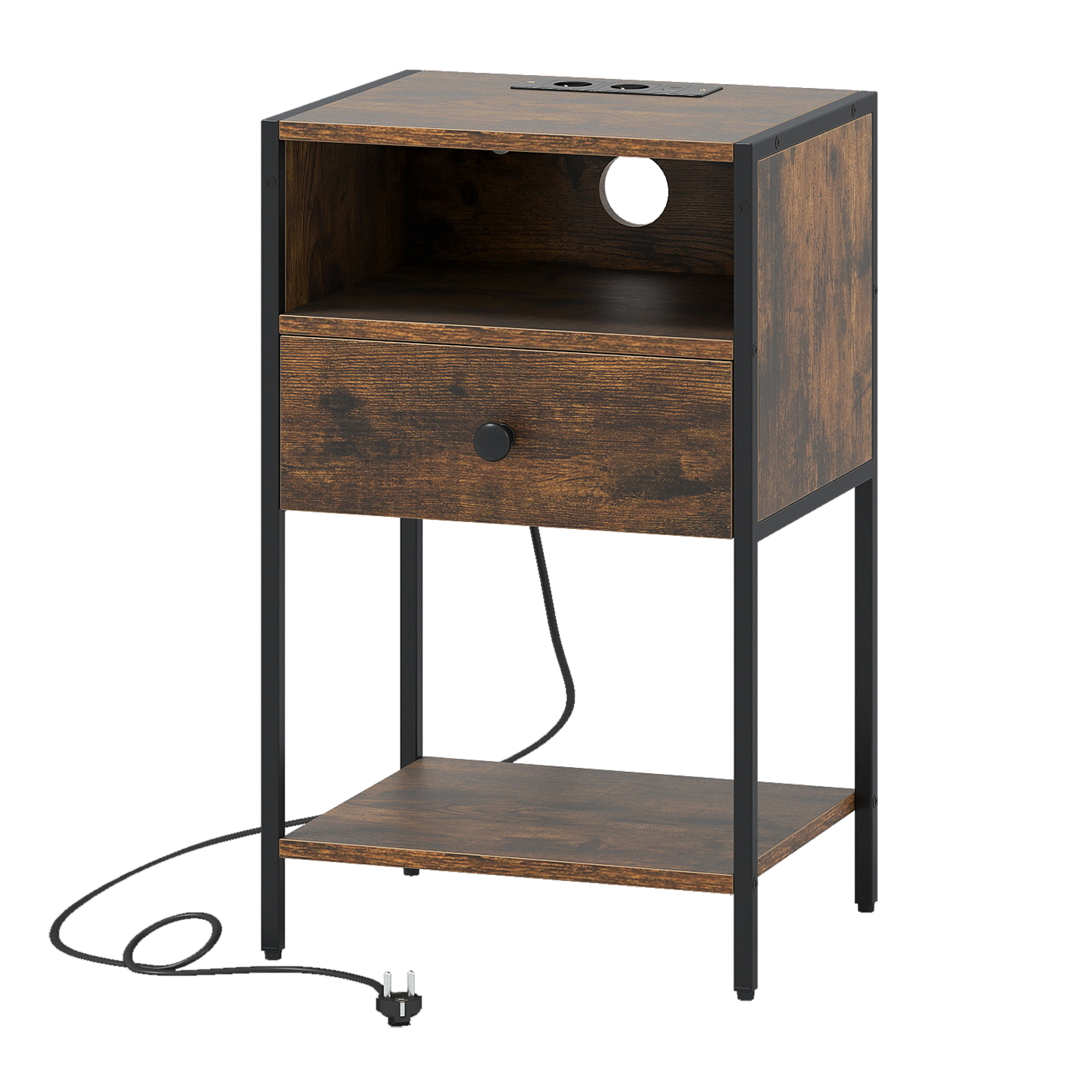 Öökapp laadimisjaamaga, tööstuslik abilaud avatud sahtliga, sahtli ja riiuliga, maalähedane pruun