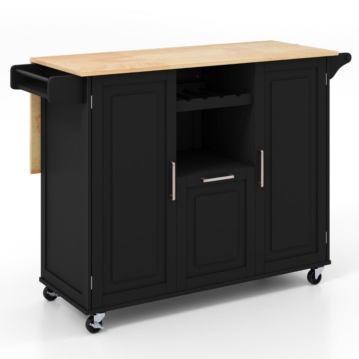 Köögikäru kokkupandava tööpinna ja 4 pöörleva rattaga ning sügava sahtliga köögisaar must