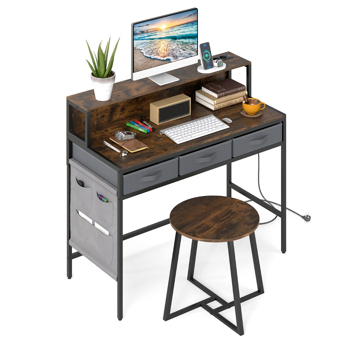 Arvutilaud pistikupesadega, tualettlaud ja taburetikomplekt monitorialusega, vintage pruun