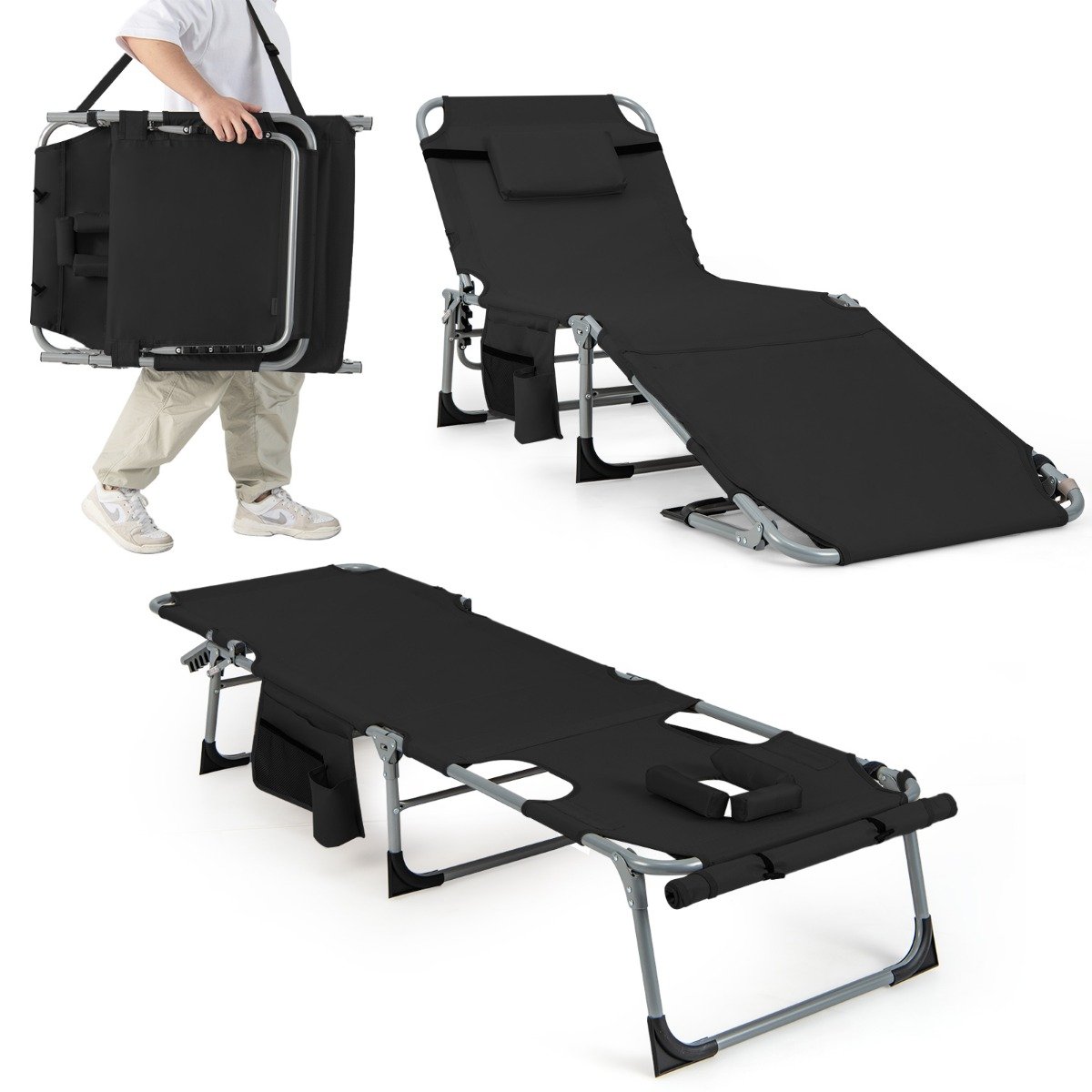 Näole avanev lamamistool Kokkupandav aiatool, reguleeritava selja- ja jalatoega must