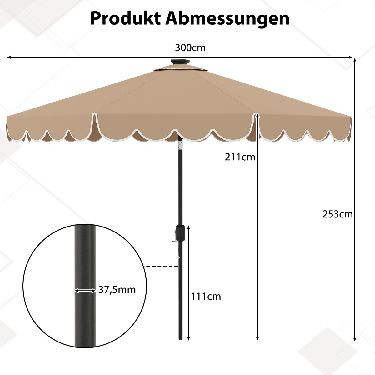 Päikesepatareiga LED-valgustuse, vända ja rippuva kangaäärega ümmargune aiapäikesevari (diameeter 300 cm), pruun
