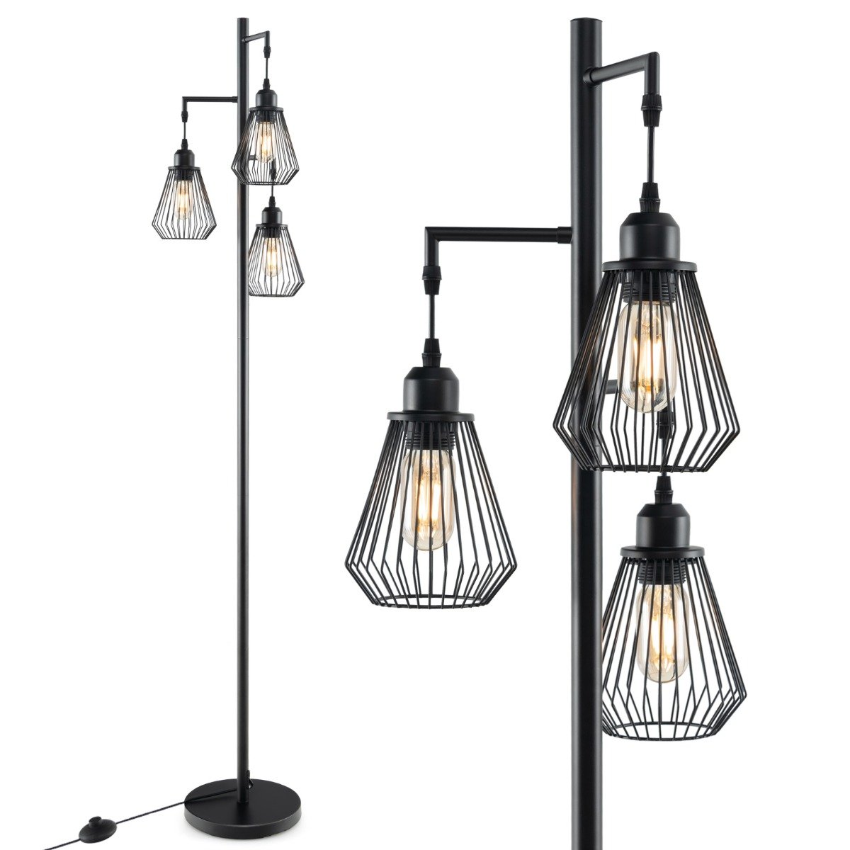 Moodne põrandalamp 169 cm tööstuslik põrandalamp 3 lambivarjuga 25 x 168 cm must