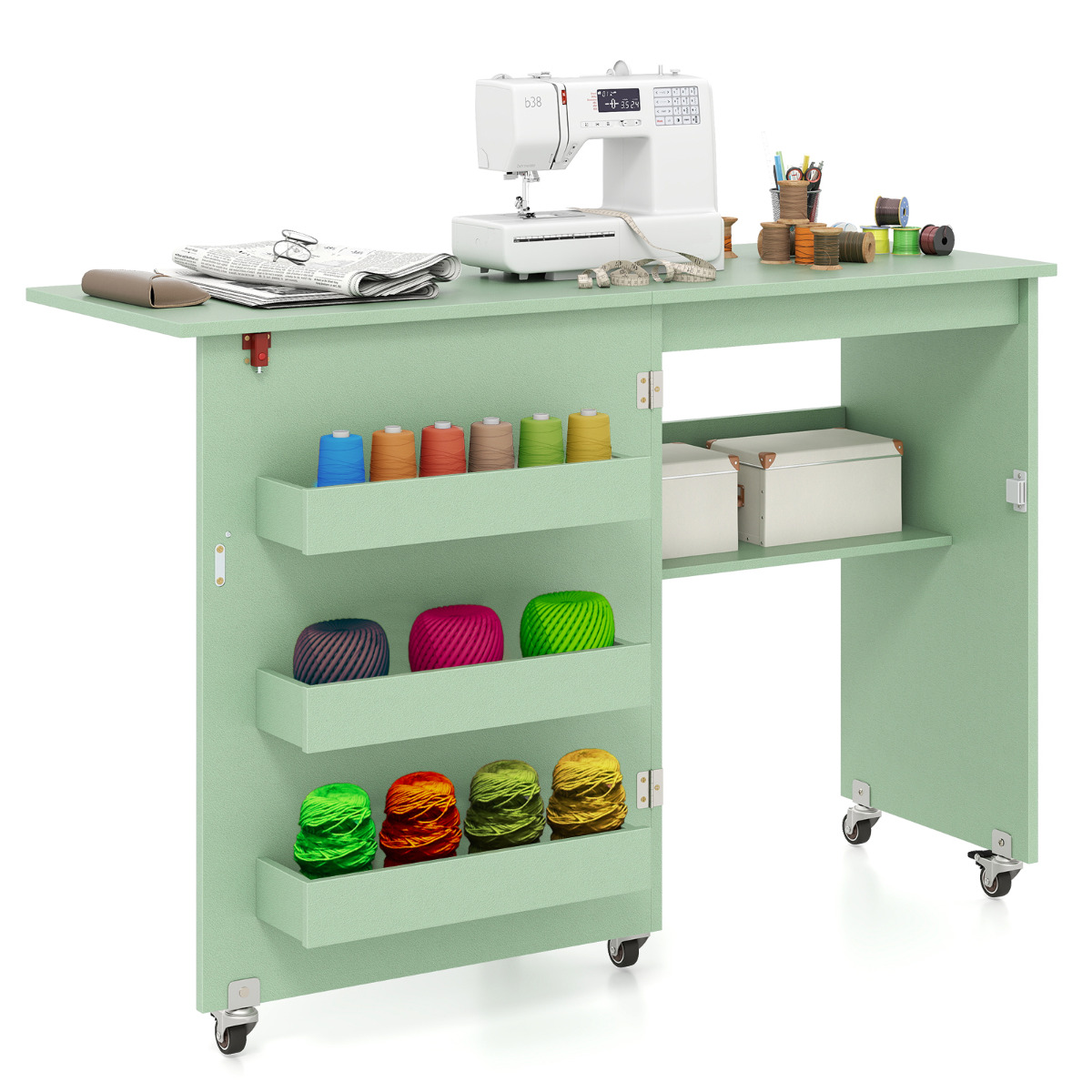 Kokkupandav õmbluslaud, rulluv käsitööjaam, hoiuriiul, 3 peidetud kasti, roheline laud