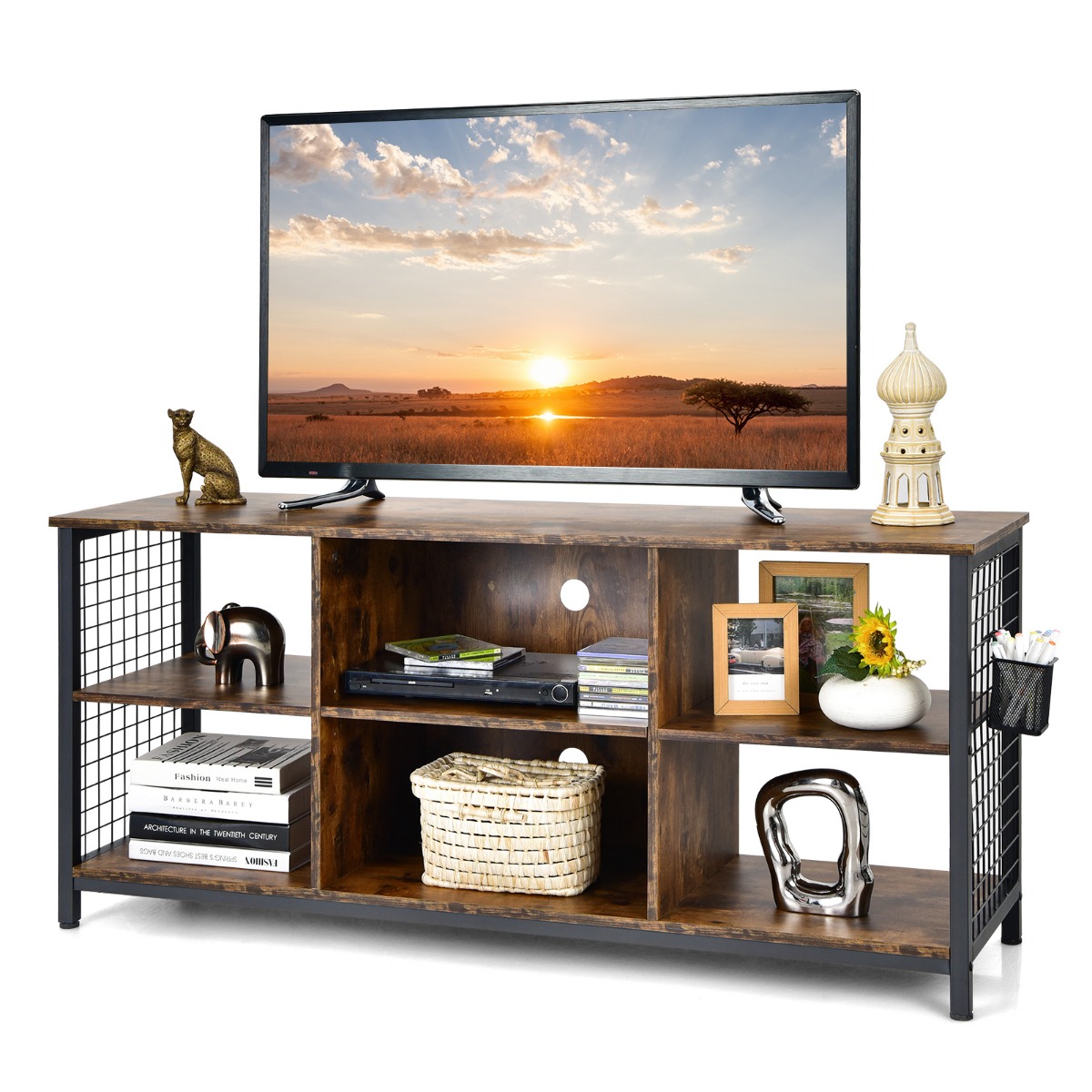 Avatud sahtlitega televiisorikapp madallaud TV riiul teleritele kuni 65 tolli 140 x 40 x 62,5 cm Rustikaalne pruun