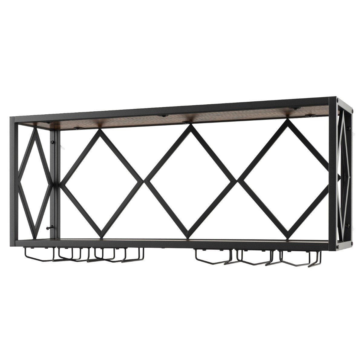 2-tasandiline veiniriiul seinale metallraamiga 6-realine puidust veinipokaalide hoidja pudeliriiul